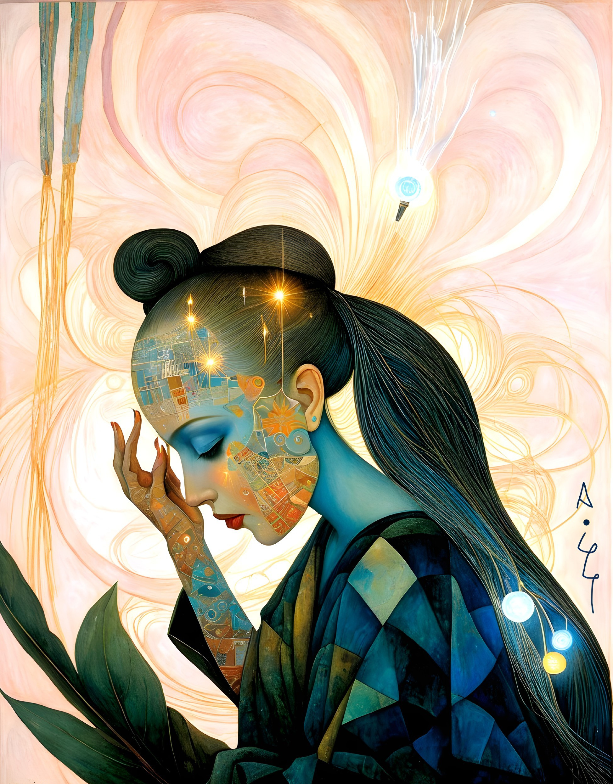Serene Woman with Futuristic Patterns and Dreamlike Elements