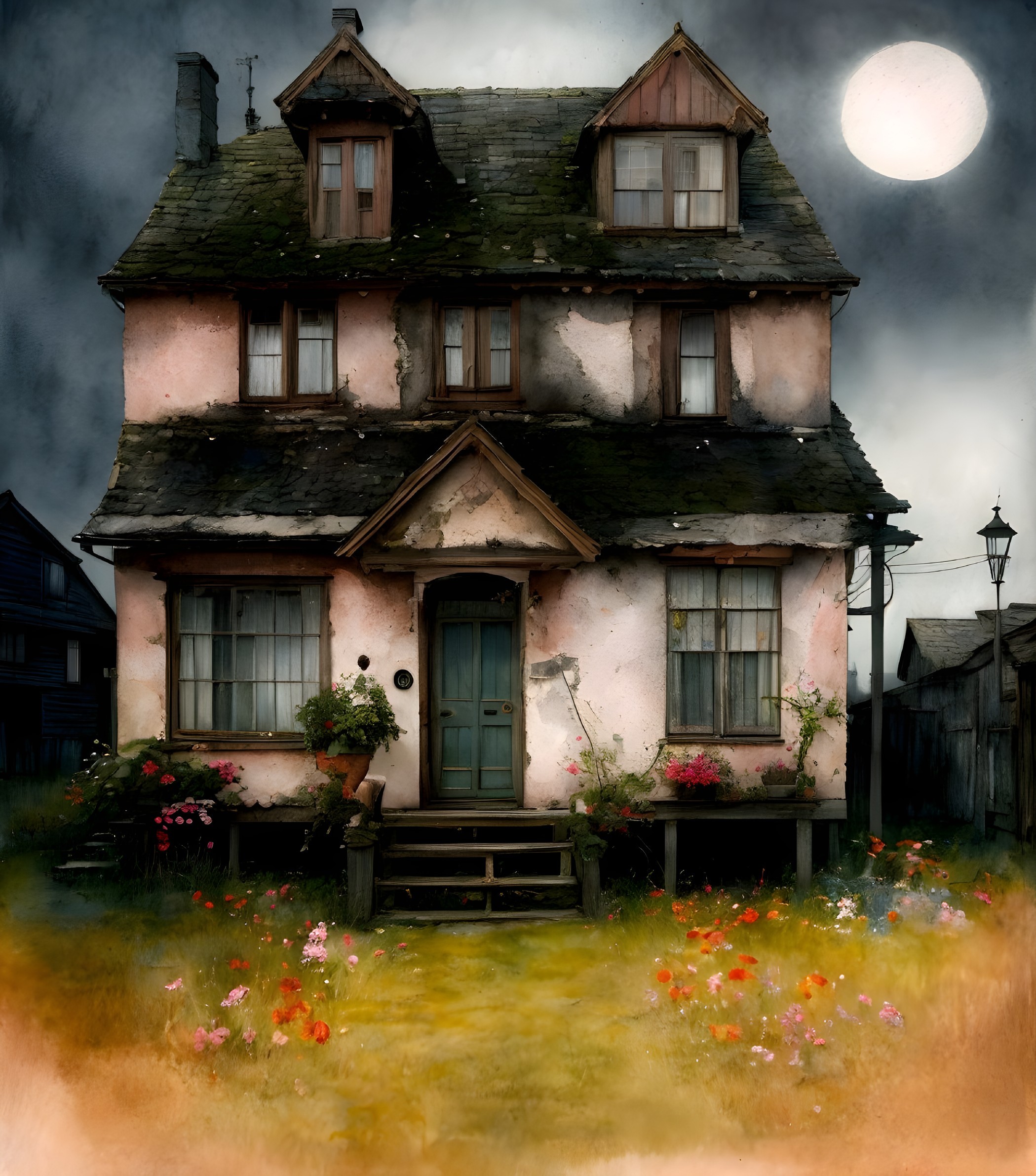 Eerie Three-Story House Under Moonlit Sky