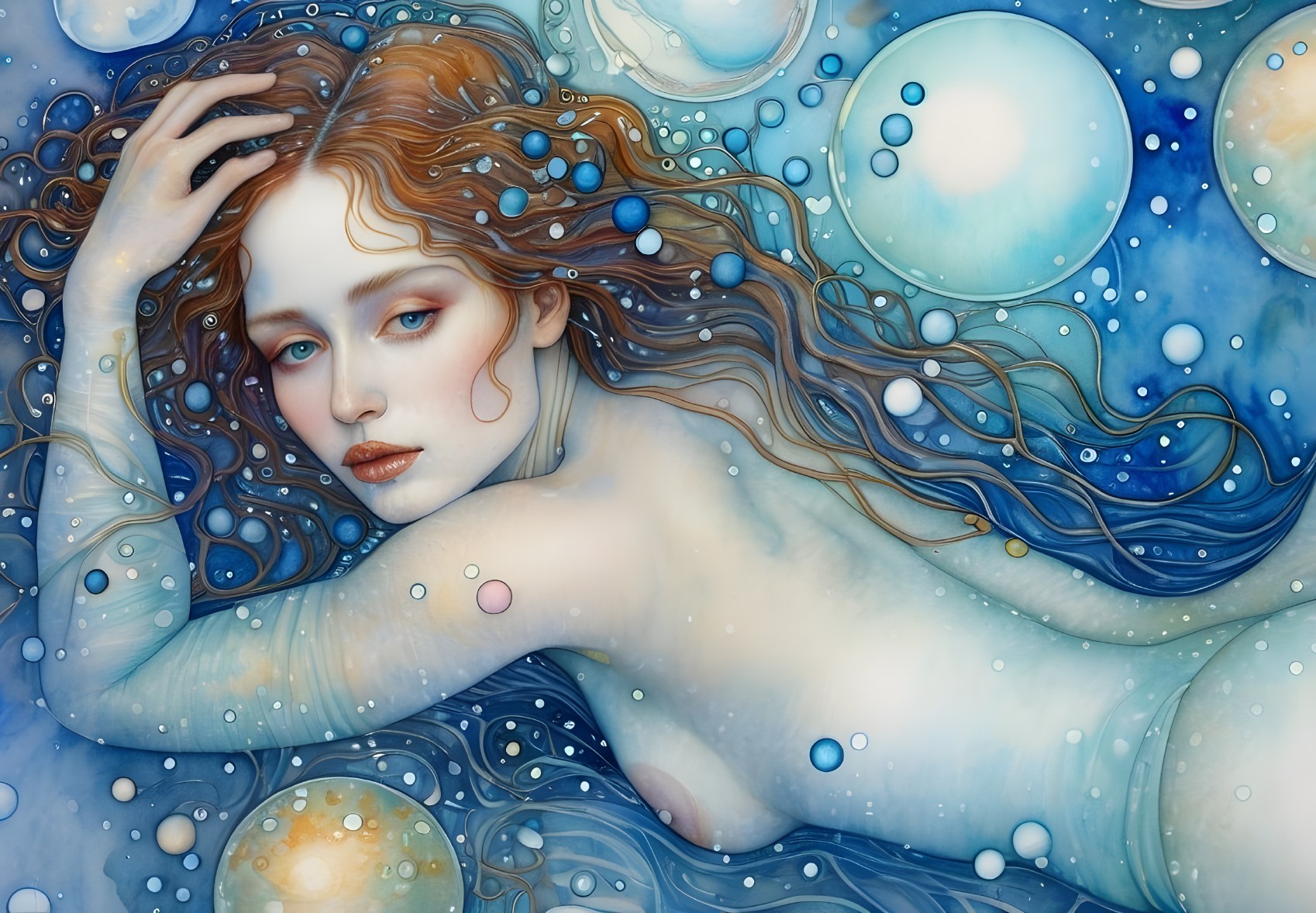 Ethereal Figure in Blue Tones with Glowing Bubbles