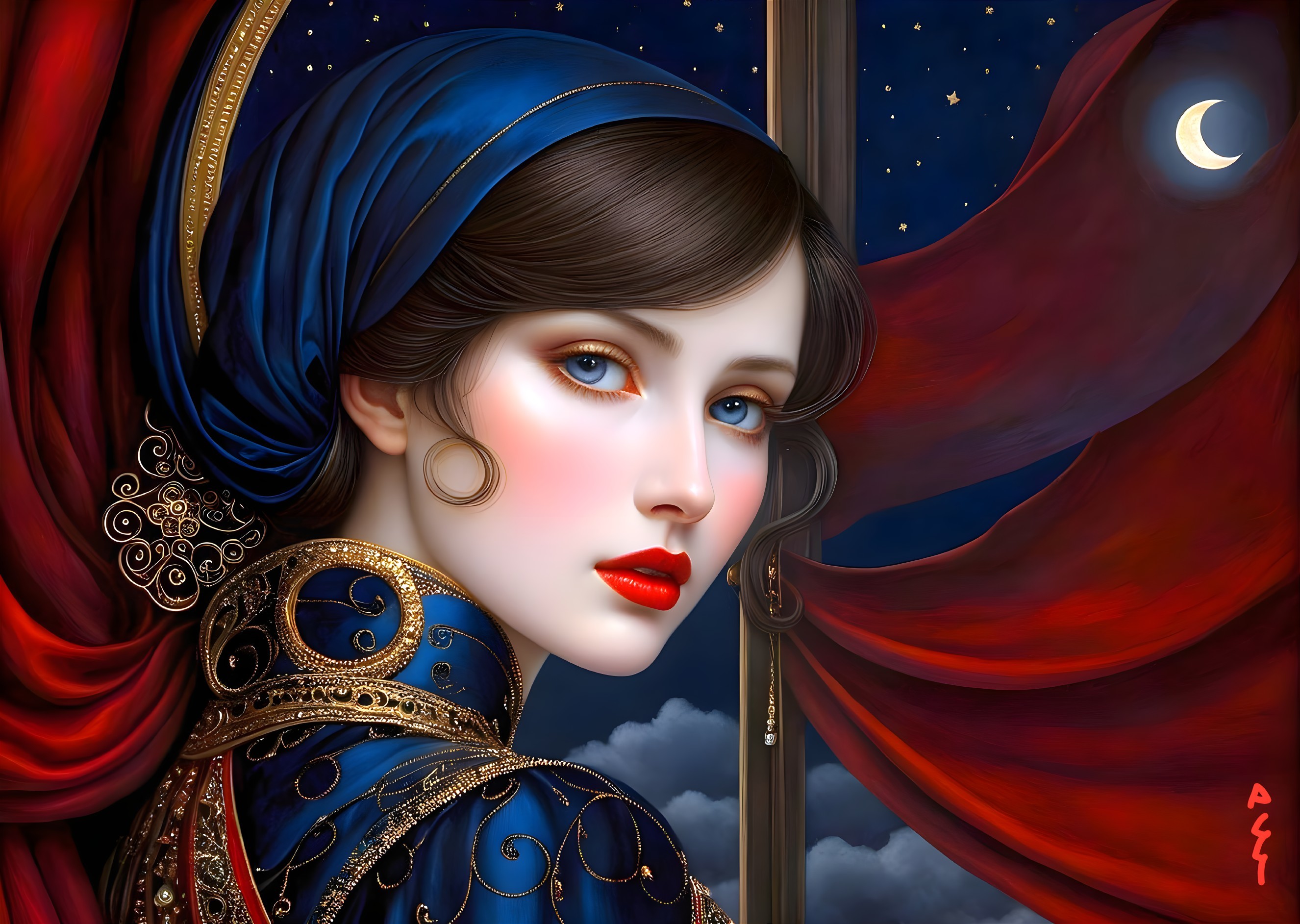 Regal Woman in Blue Headscarf Against Starry Sky