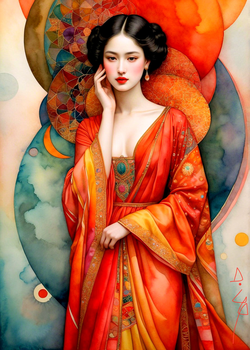 Young woman in vibrant red and orange flowing robe