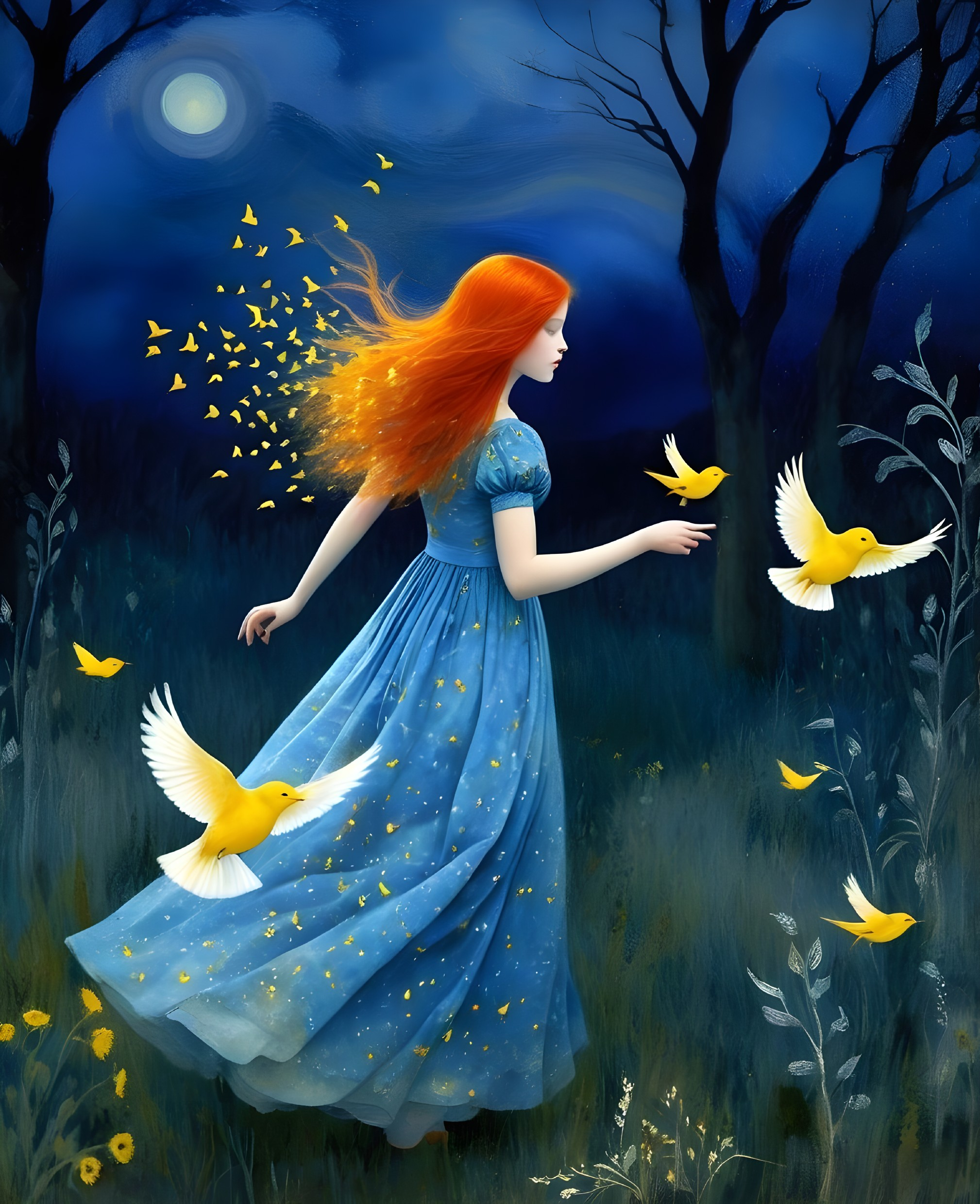 Young girl in blue dress surrounded by yellow birds