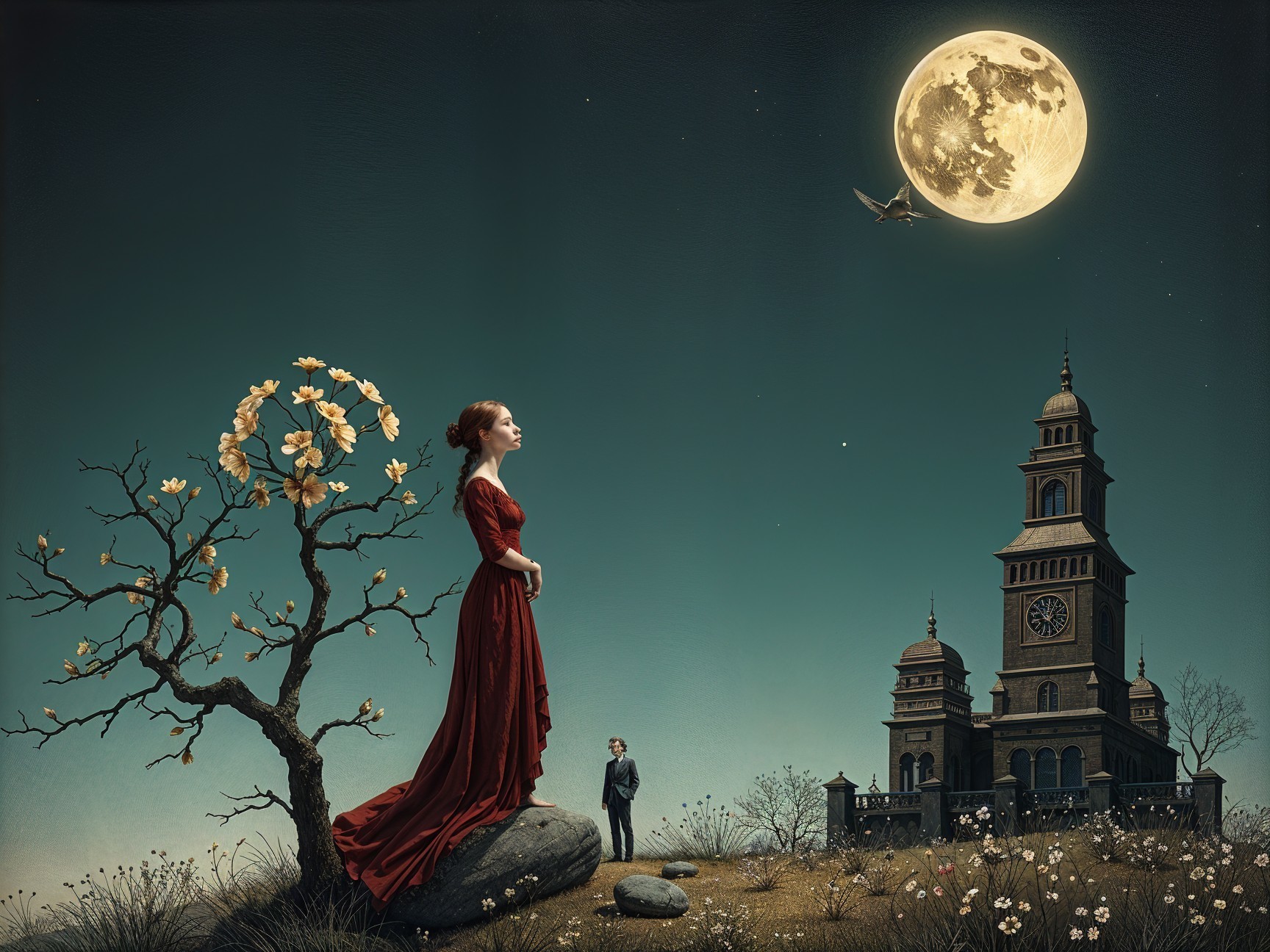 Surreal Scene of a Woman in Red Under a Moonlit Sky