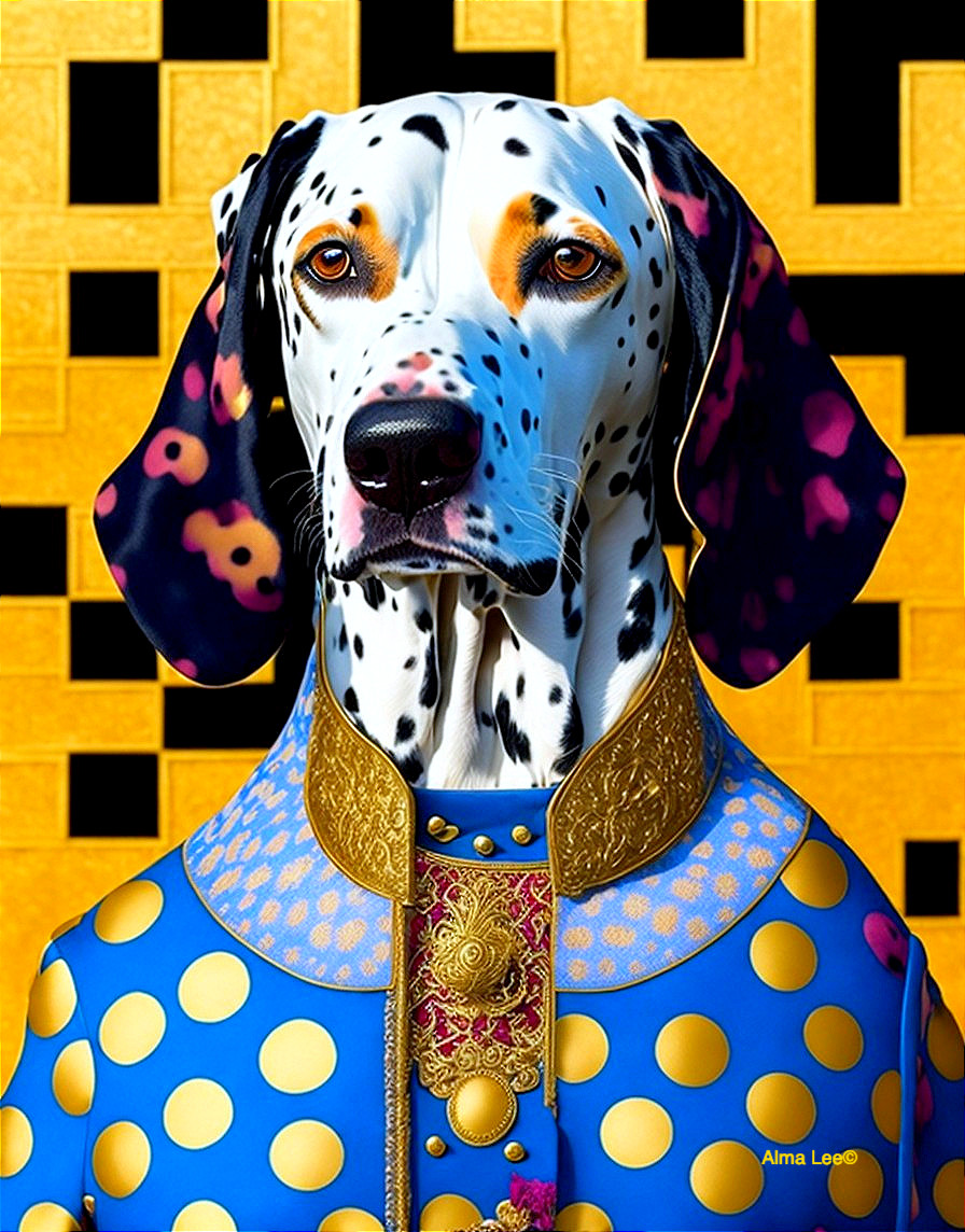 Regal Dalmatian in Ornate Blue Coat with Gold Polka Dots