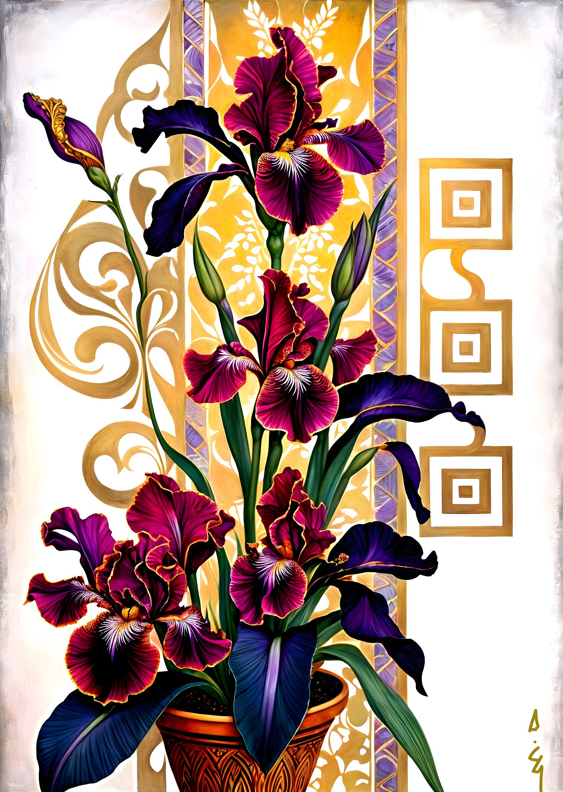 Vibrant Still Life of Purple Irises in Decorative Pot