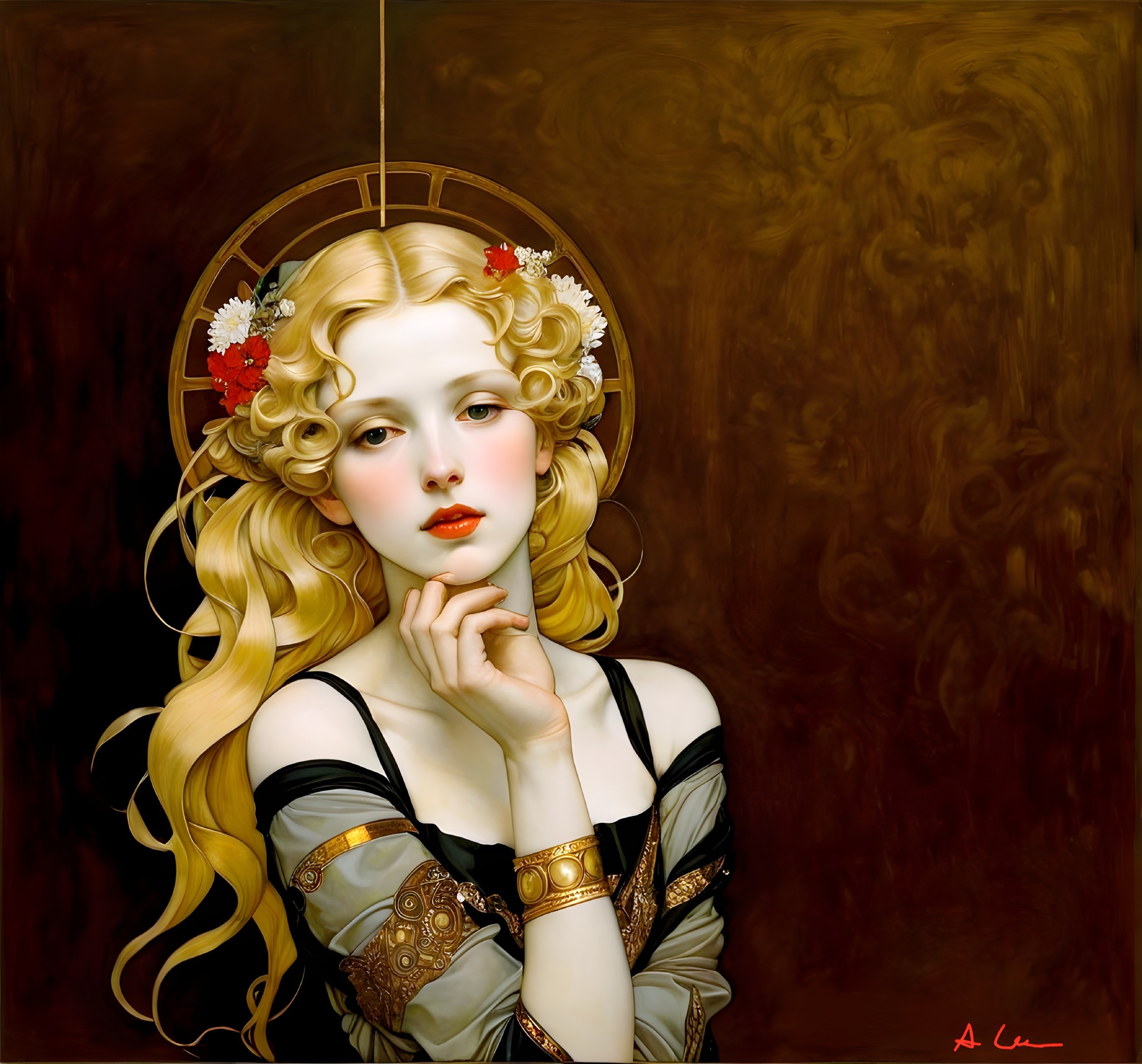 Portrait of a woman with golden hair and flowers