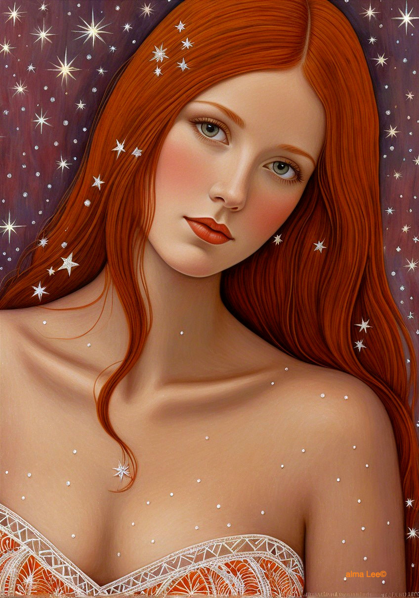 Portrait of a Young Woman with Red Hair and Stars