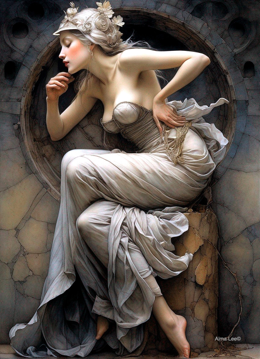 Ethereal Figure in Circular Stone Frame with Floral Accents