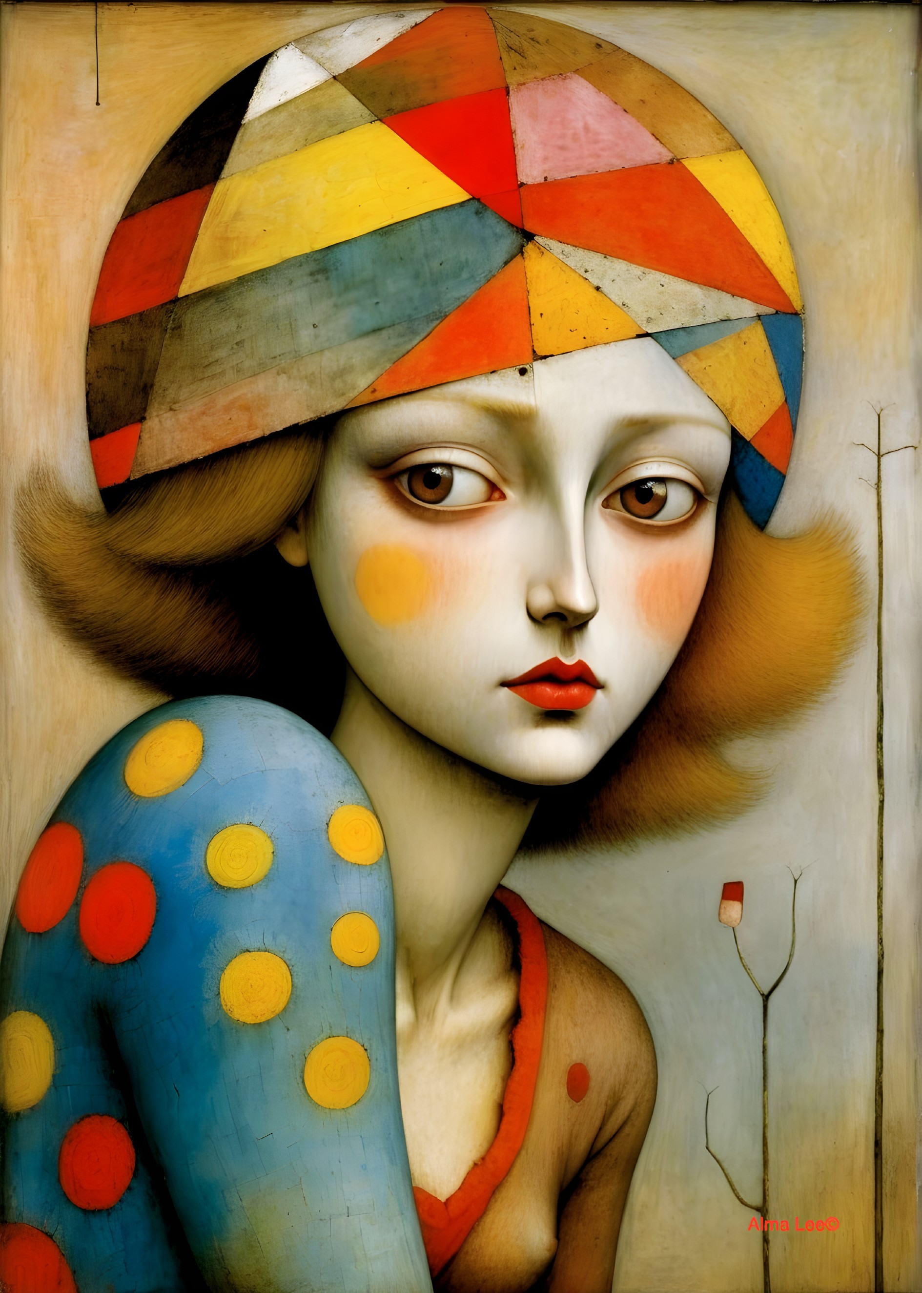 Portrait of a Young Woman with Geometric Hat and Nature