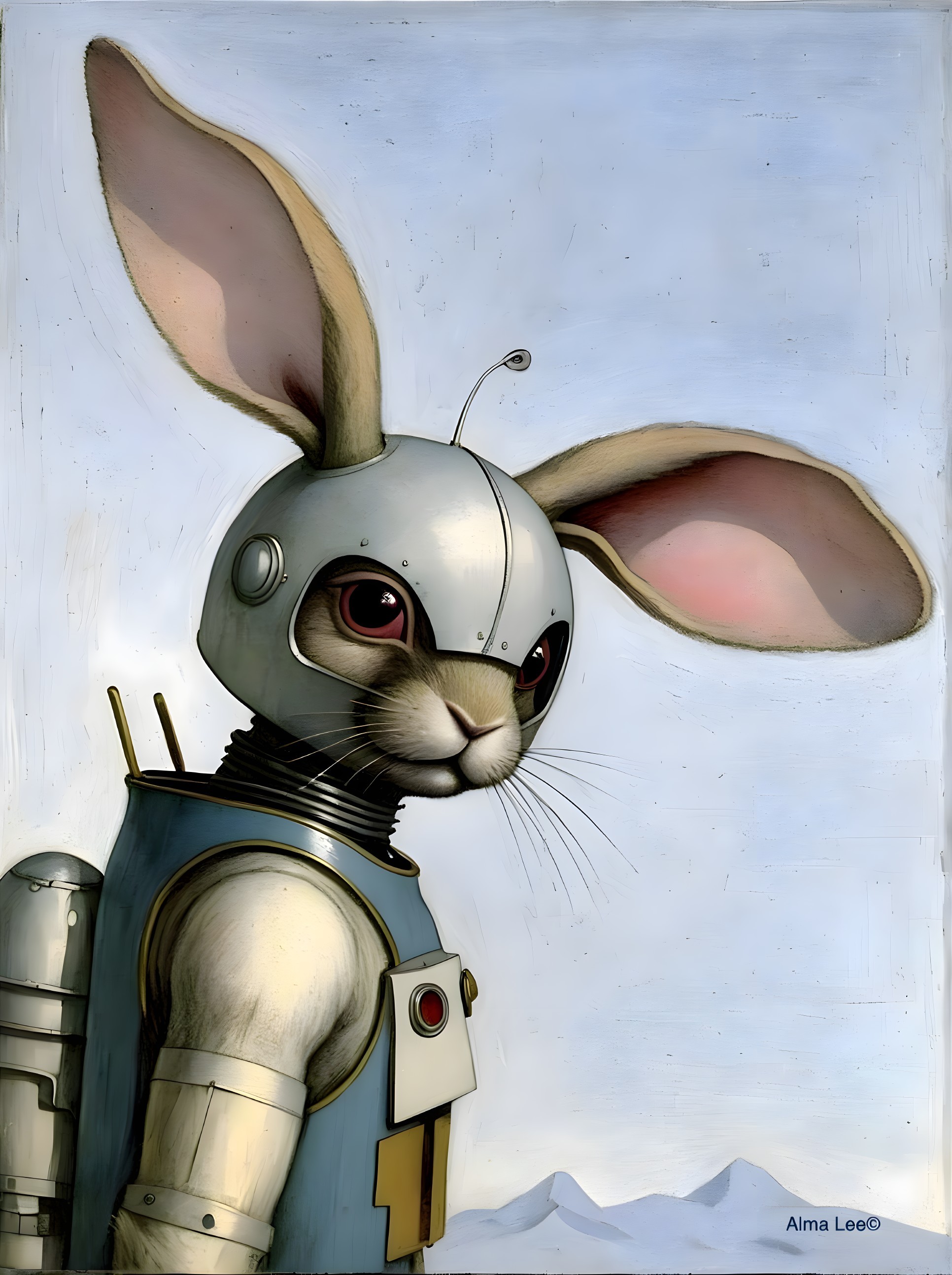 Futuristic Rabbit in Robotic Suit Against Serene Landscape