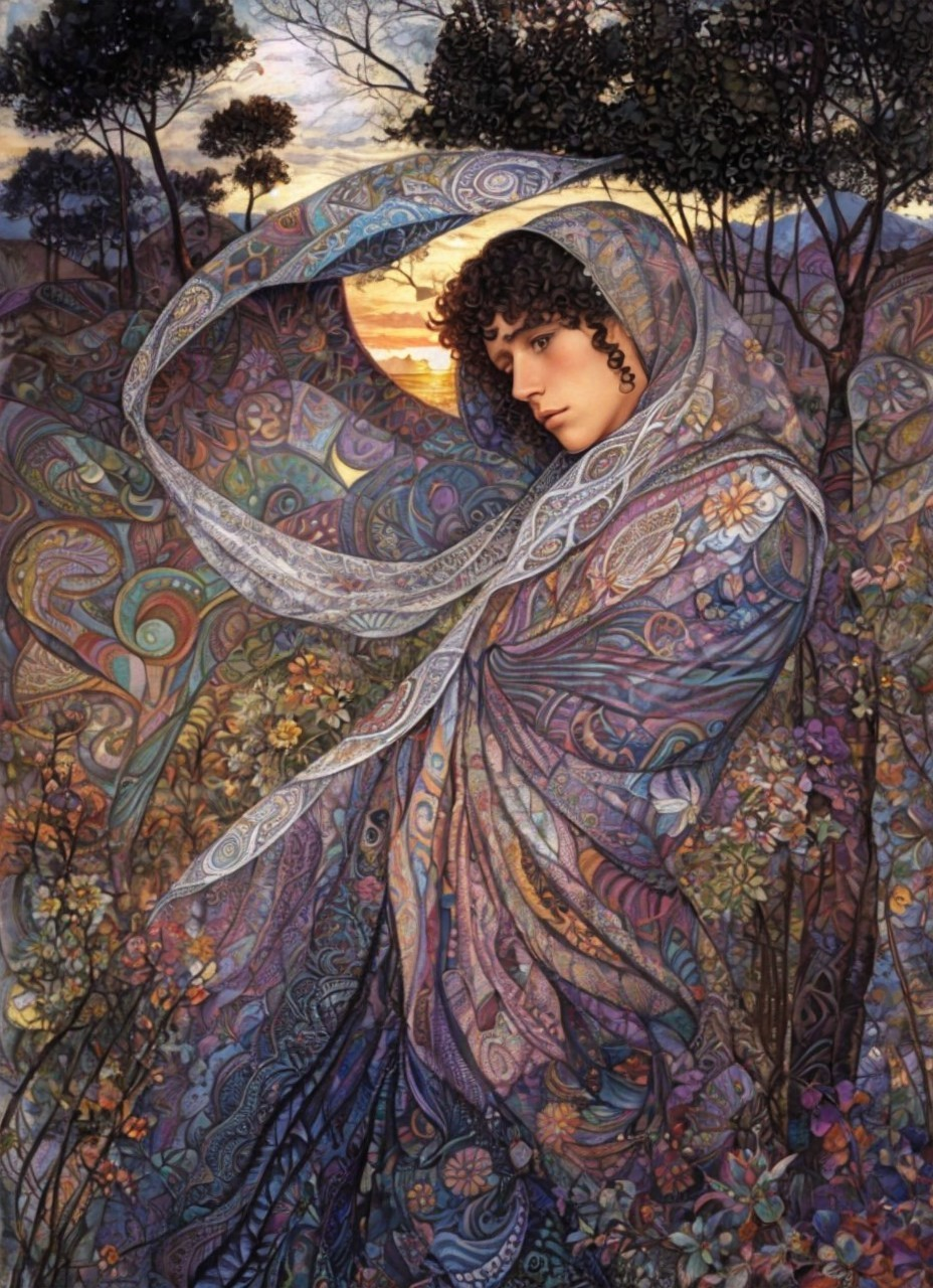 Woman in ornate shawl against twilight backdrop with intricate patterns.