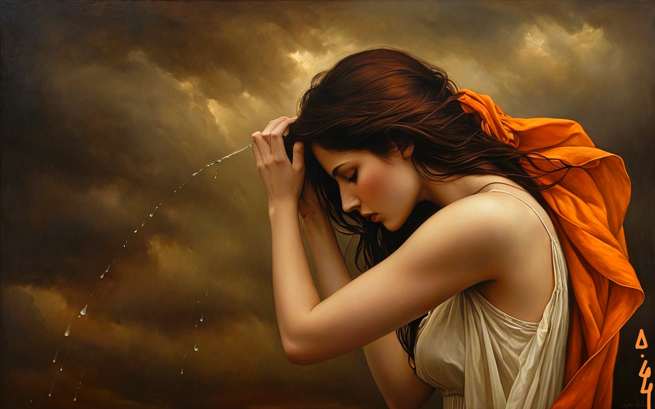 Serene Young Woman in Flowing Gown with Dramatic Sky