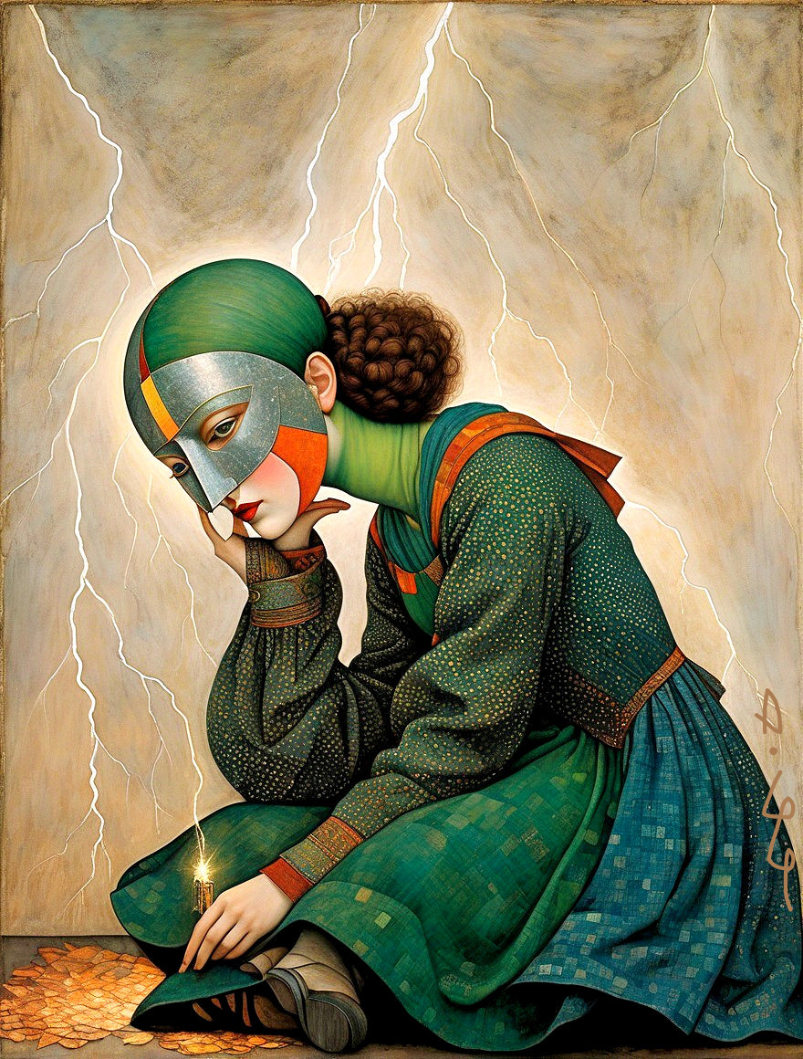 Contemplative Figure in Green Dress and Mask