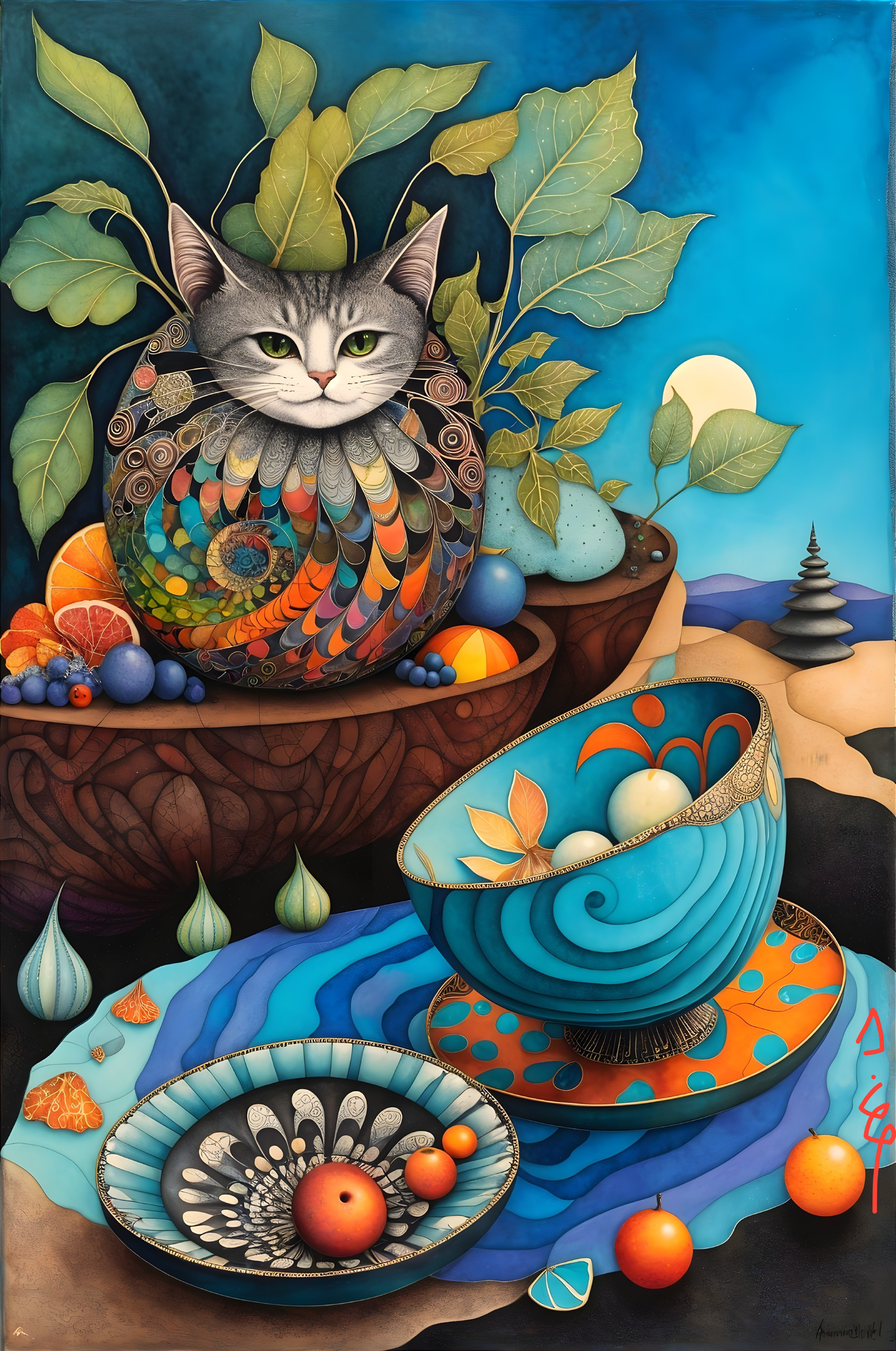 Vibrant Still Life with Surreal Cat and Fruits