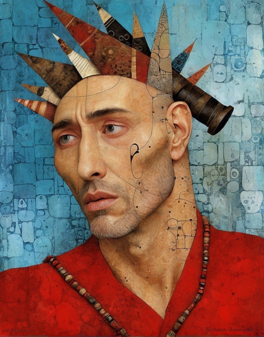 Solemn Male Figure with Spiked Crown and Blue Background