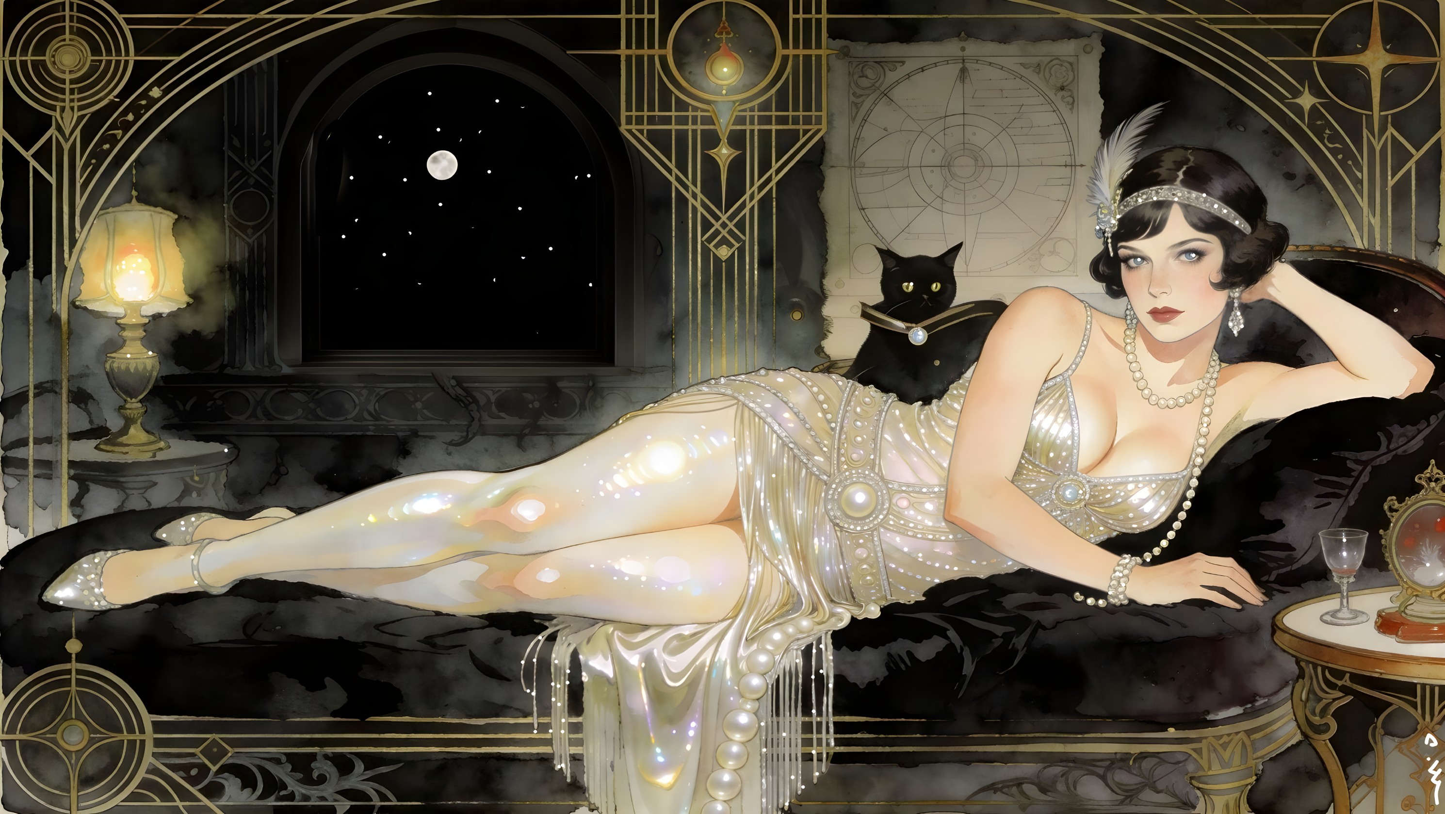 Woman in Pearl Dress on Couch with Black Cat