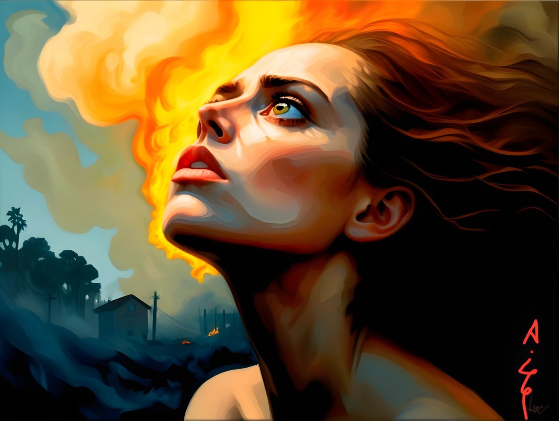 Dramatic portrayal of a woman amidst flames and smoke
