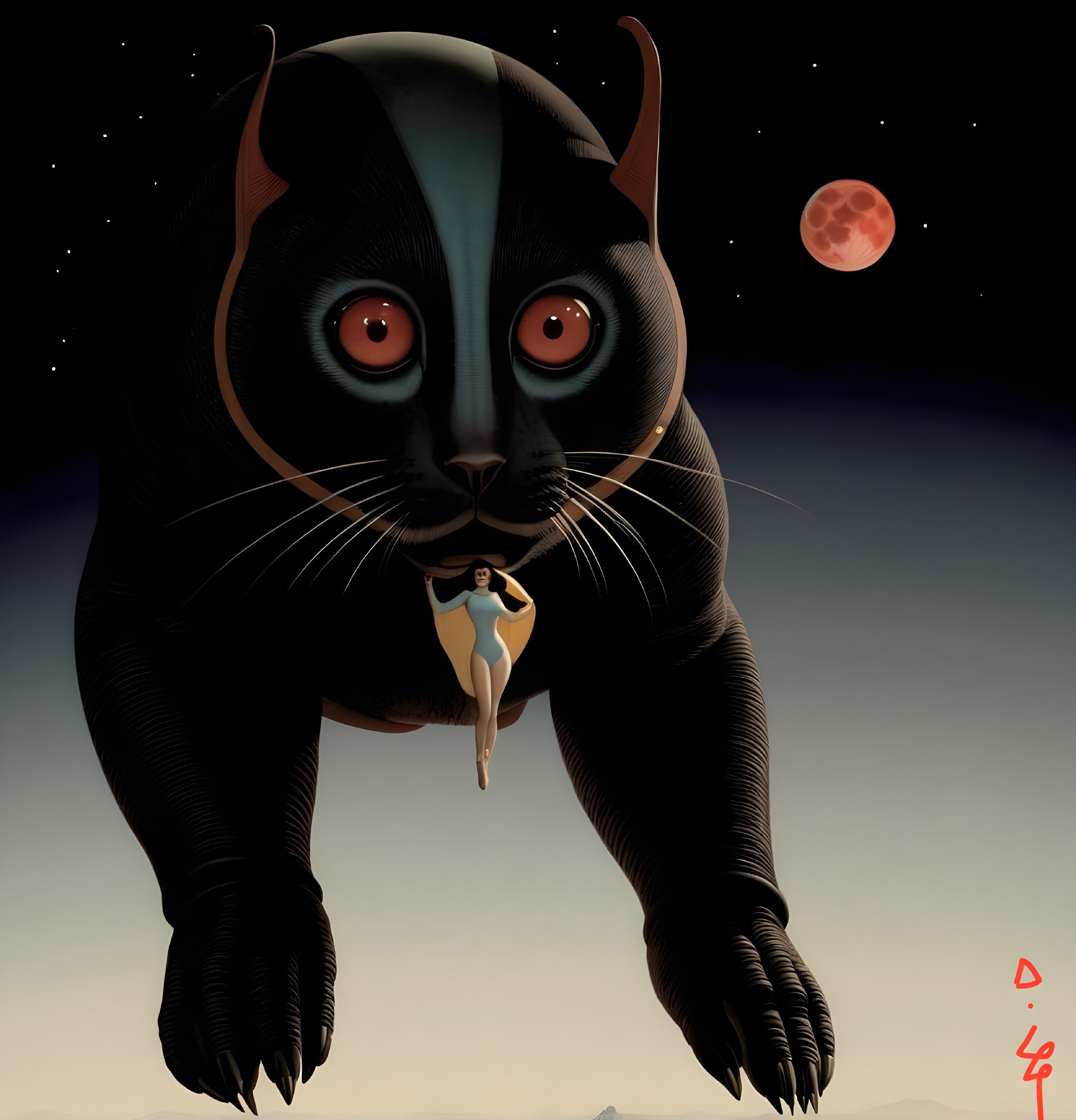 Surreal Scene of a Giant Cat in a Starry Sky