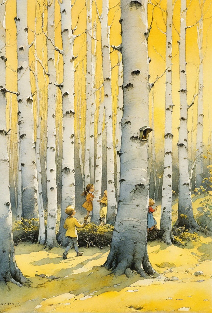 Children Playing in a Sunlit Birch Forest