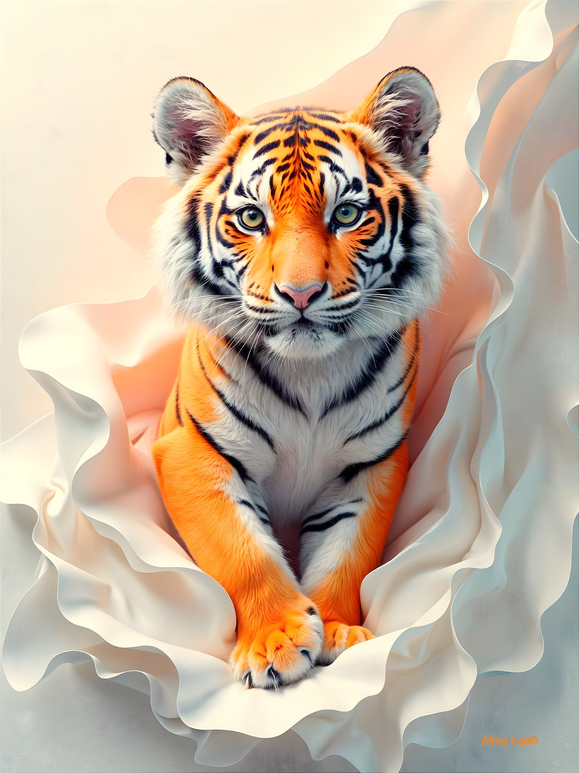 Bengal Tiger Close-Up with Creamy Fabric Background