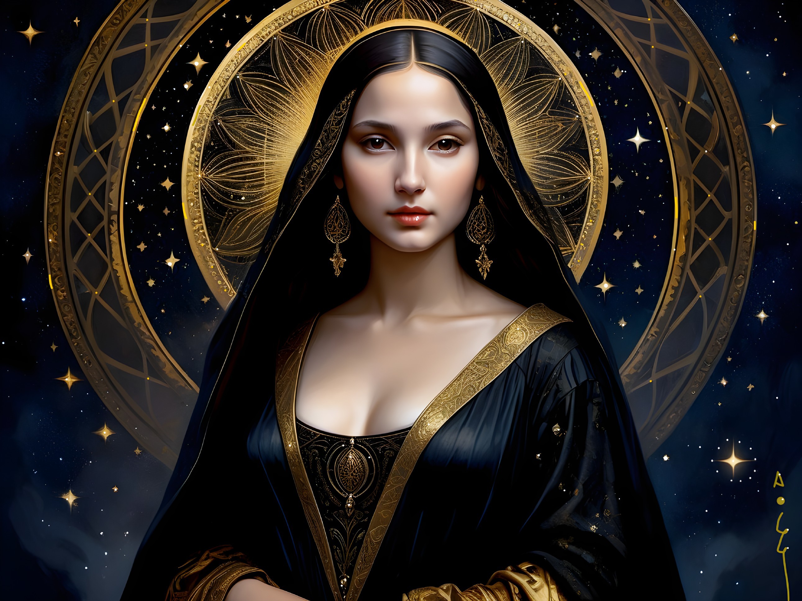 Ethereal Woman in Black Gown Against Cosmic Background