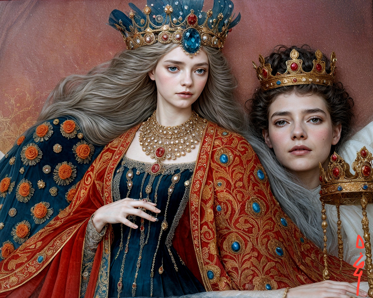 Regal Figures in Elaborate Crowns and Gowns