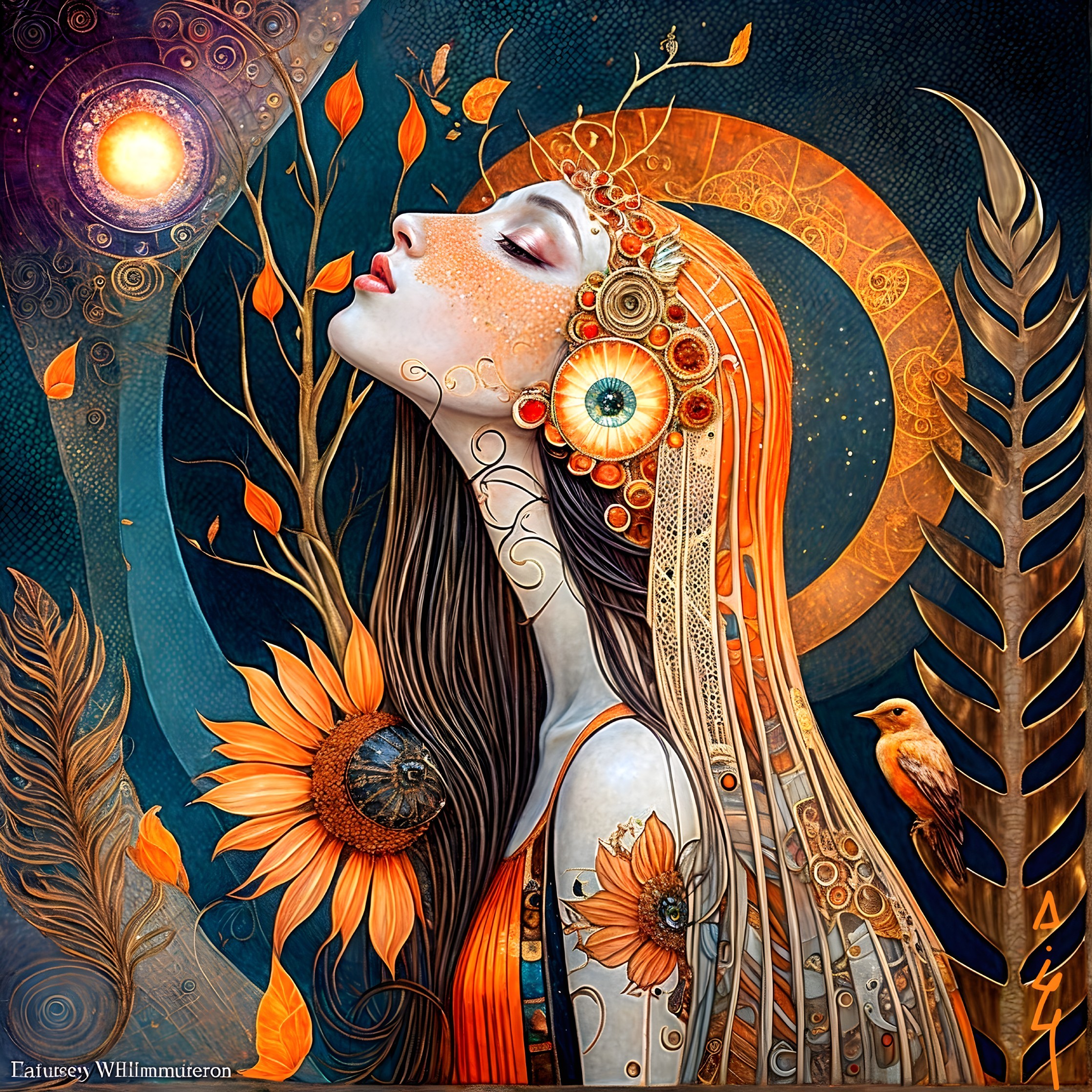 Woman with Flowing Hair and Sunflowers in Nature