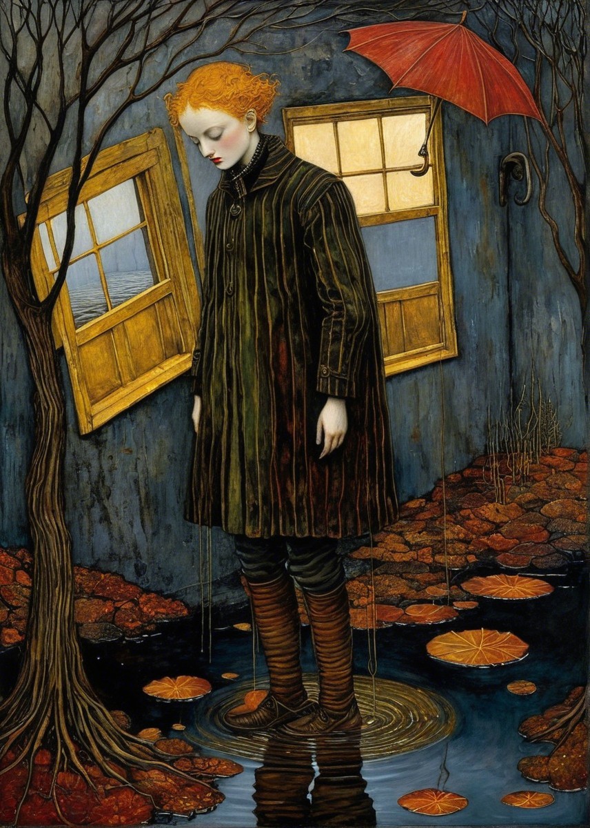 Surreal Scene with Orange Hair and Reflective Puddle