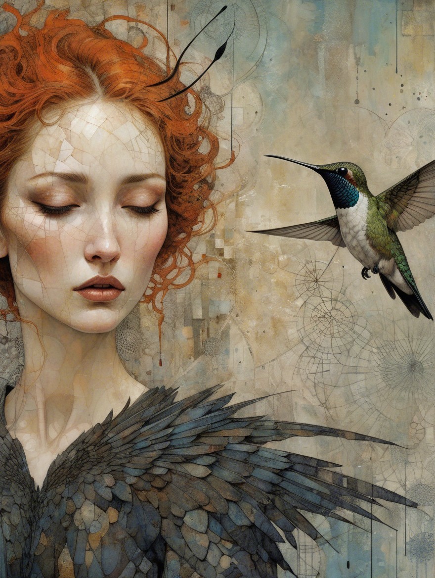 Woman with Red Hair and Black Feather Adornments