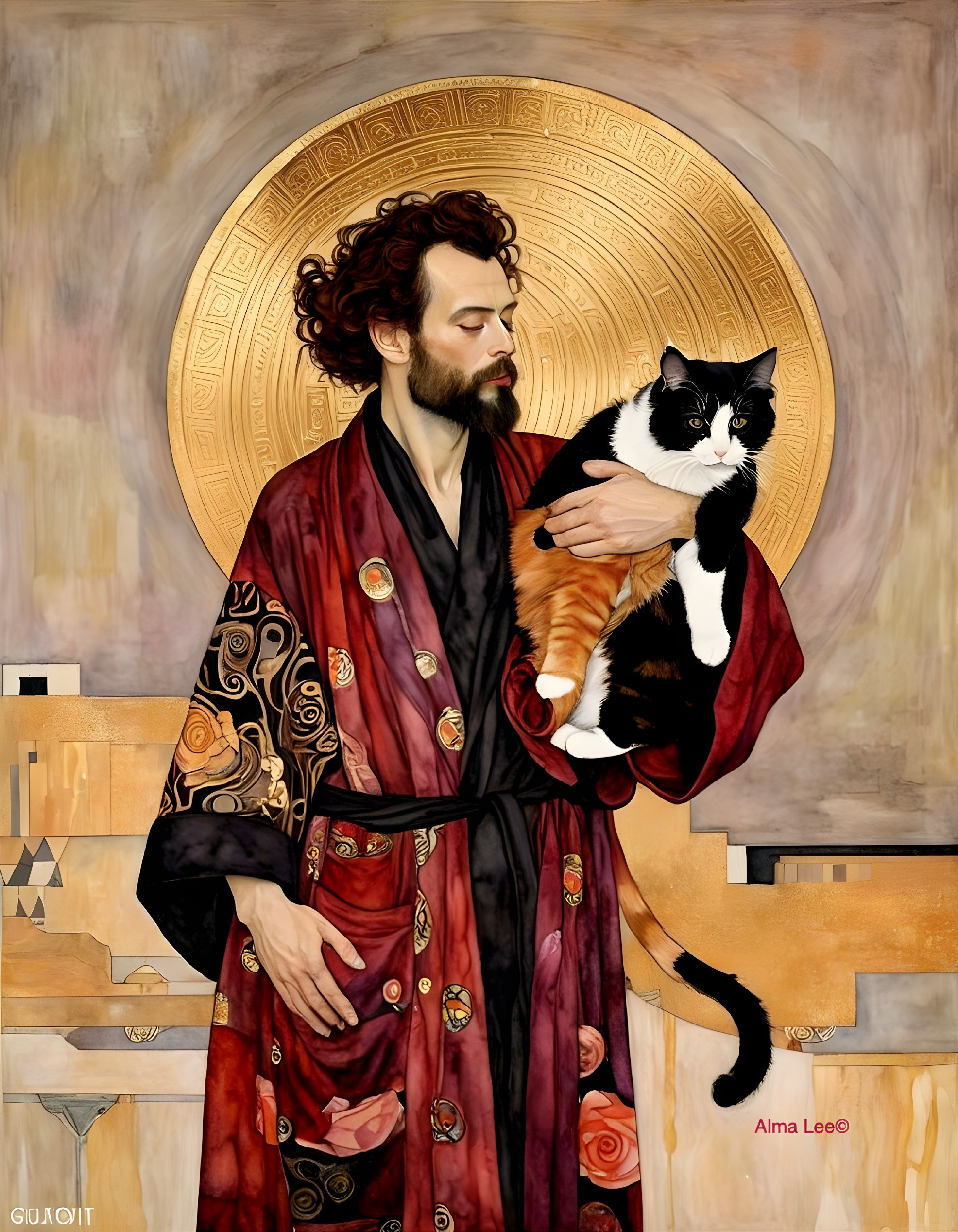 Man in Ornate Robe Holding Cat with Golden Halo