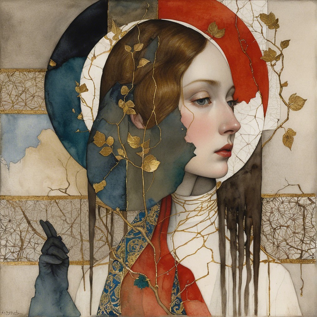 Serene Female Figure with Golden Details and Nature Elements