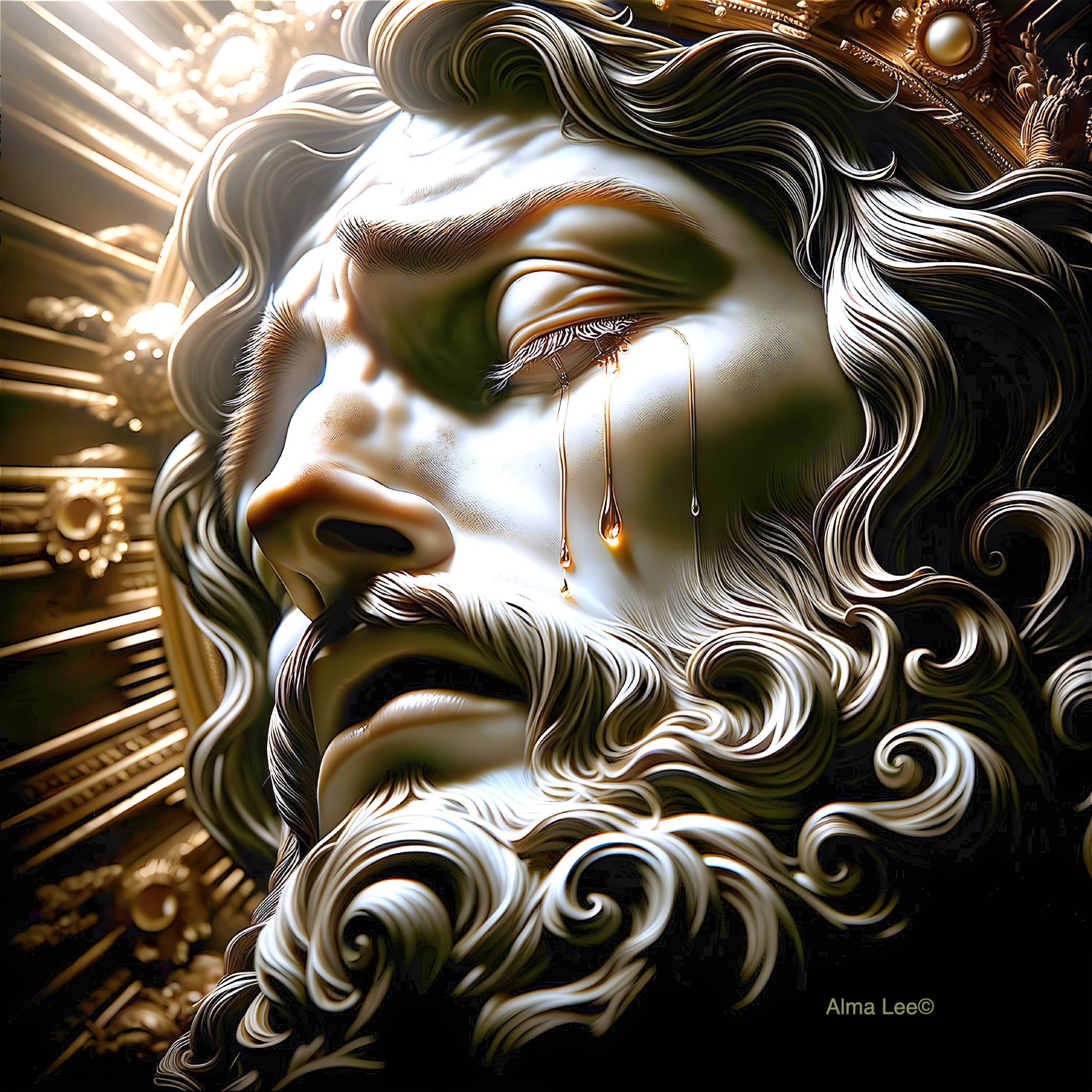 Close-up of a male figure with flowing beard and emotion