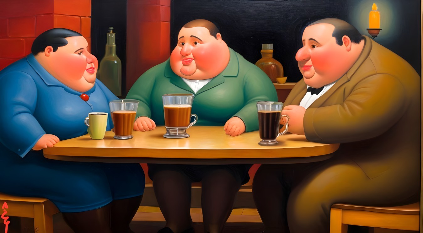 Three Figures in a Cozy Tavern Setting with Drinks