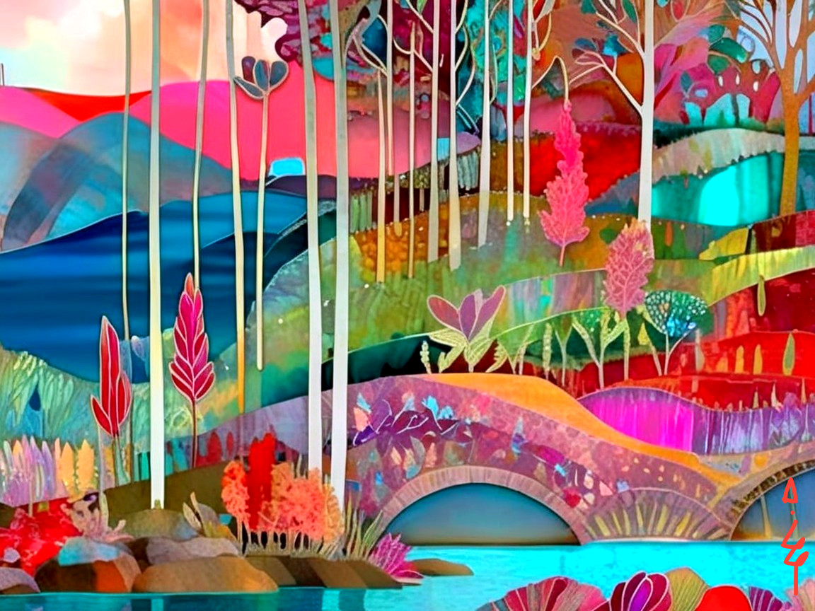 Vibrant Abstract Landscape with Colorful Hills and Water