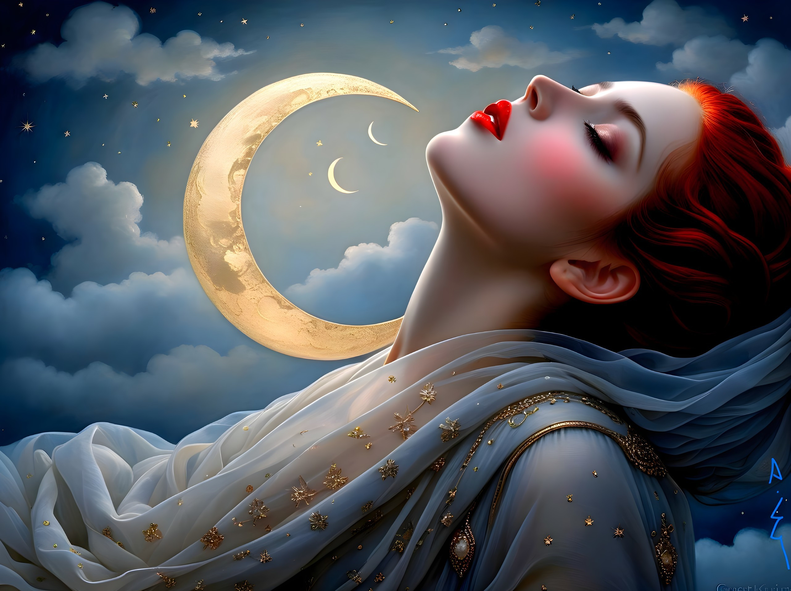 Serene Woman with Red Hair Under Moonlight