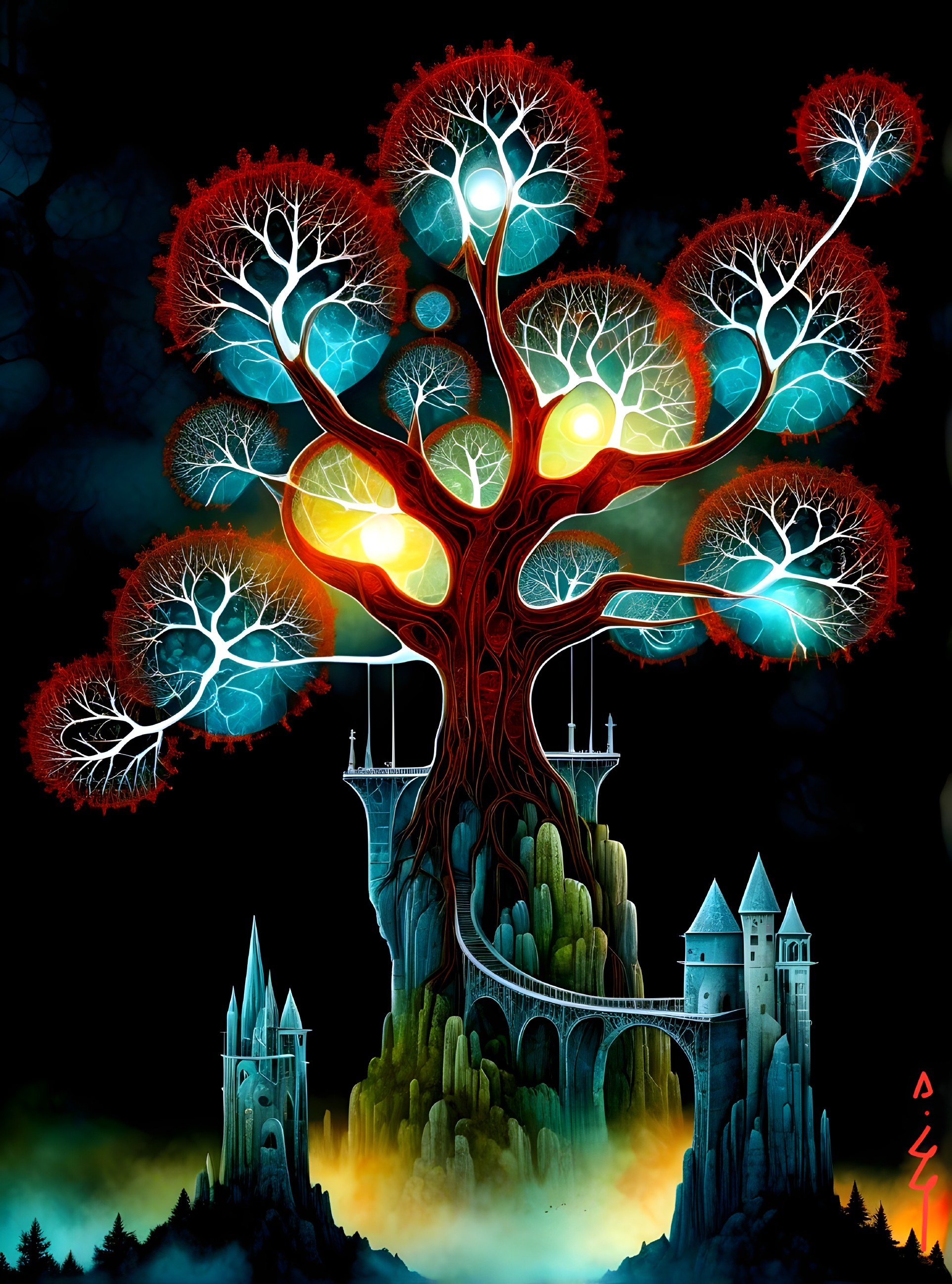Mystical tree with vibrant branches on a mountain