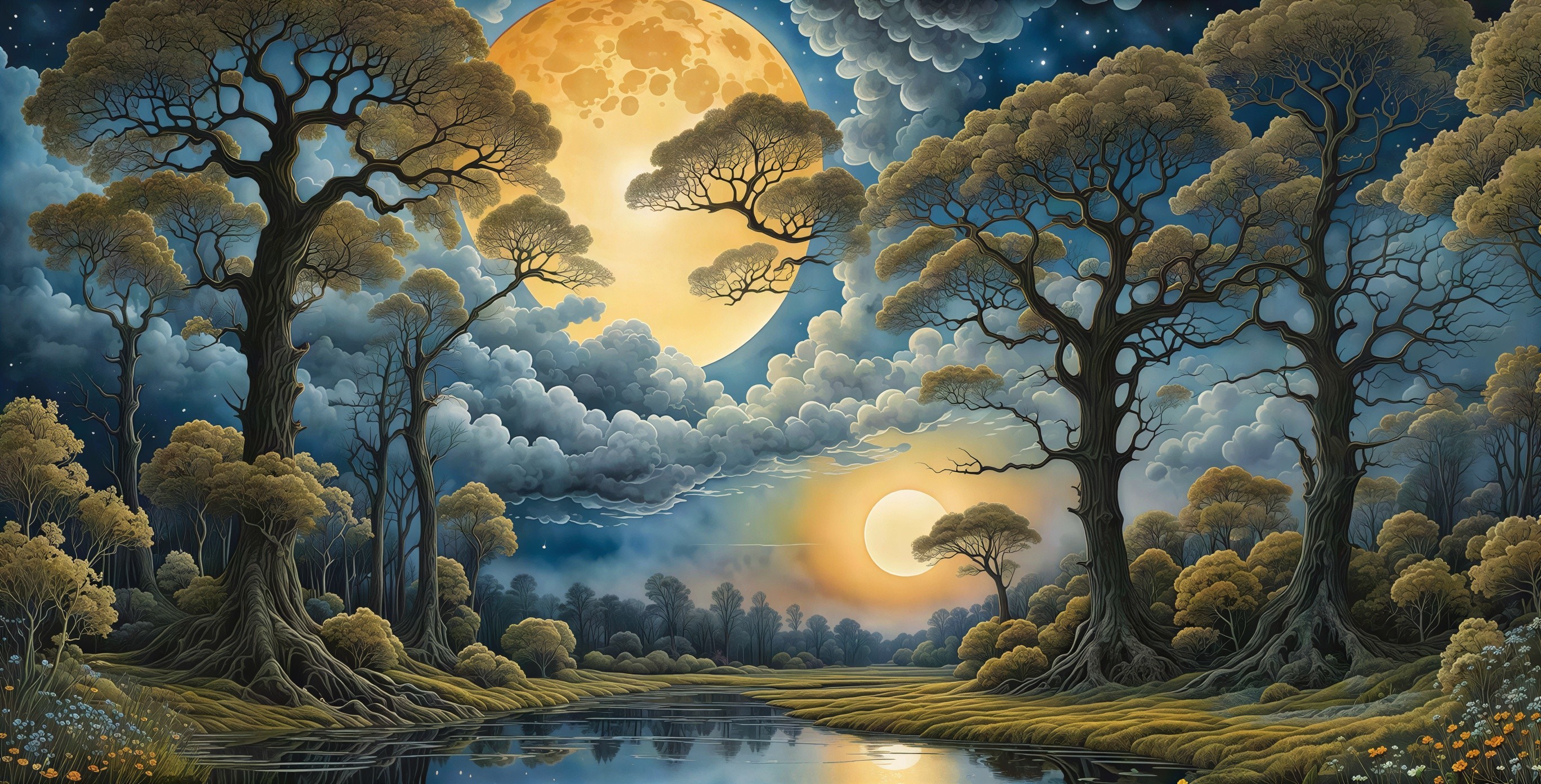Ethereal trees and mystical landscape with river and moon