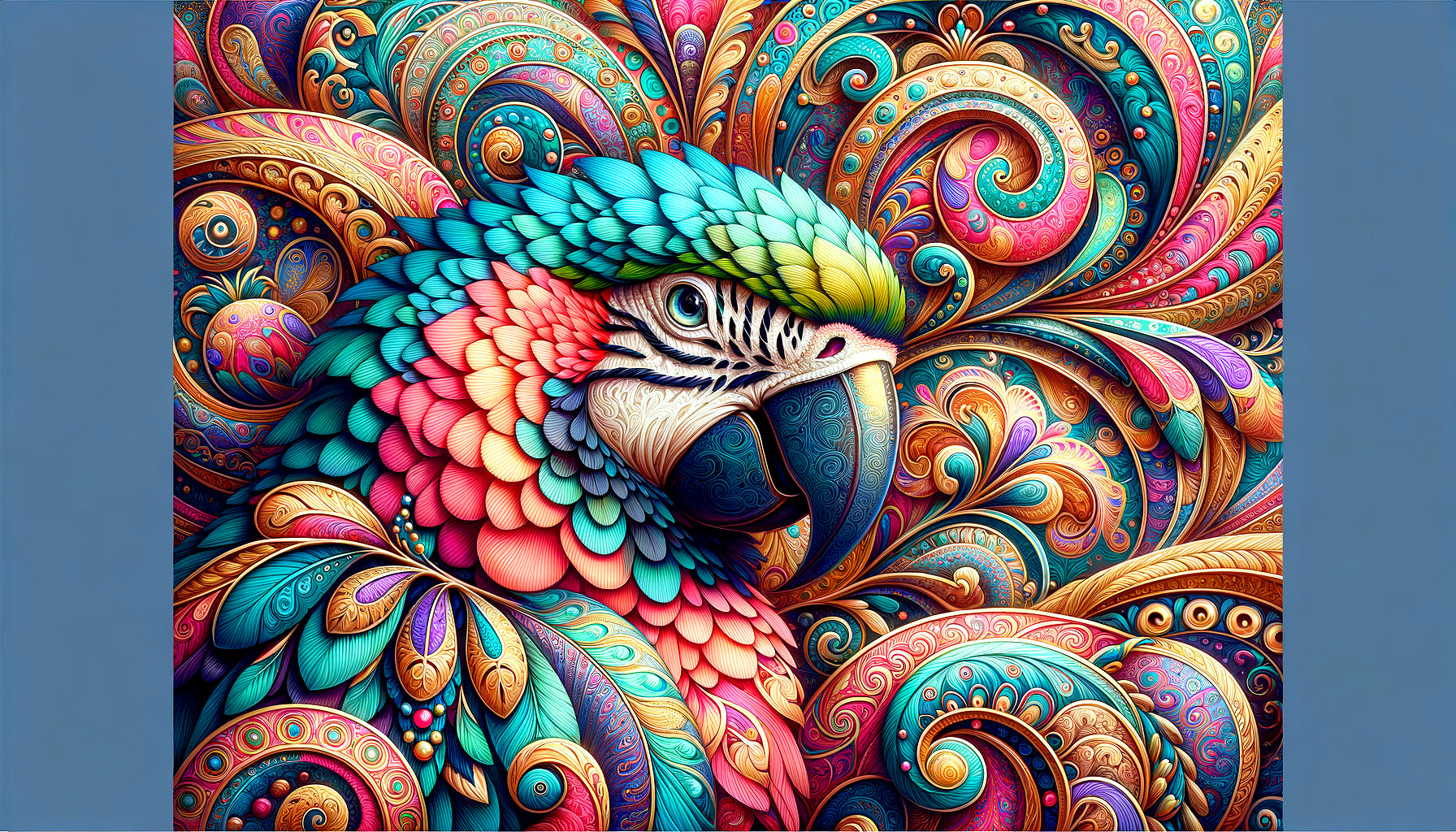 Colorful Parrot with Intricate Patterns and Floral Designs