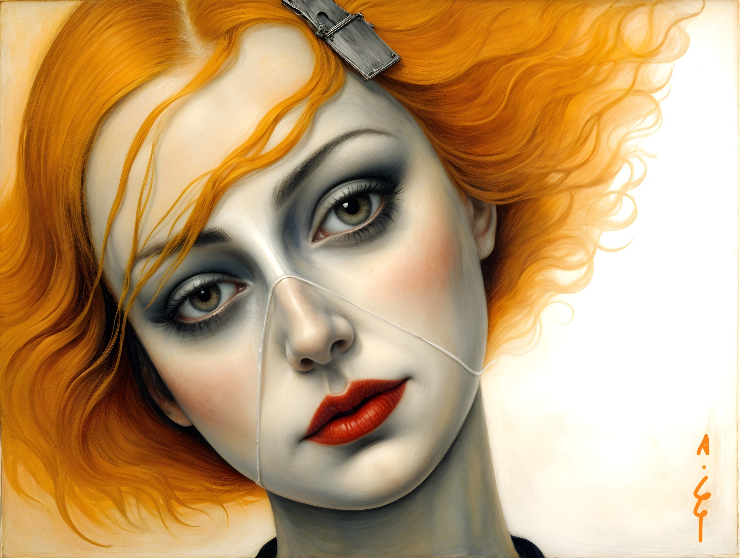 Portrait of a Woman with Orange Hair and Mask