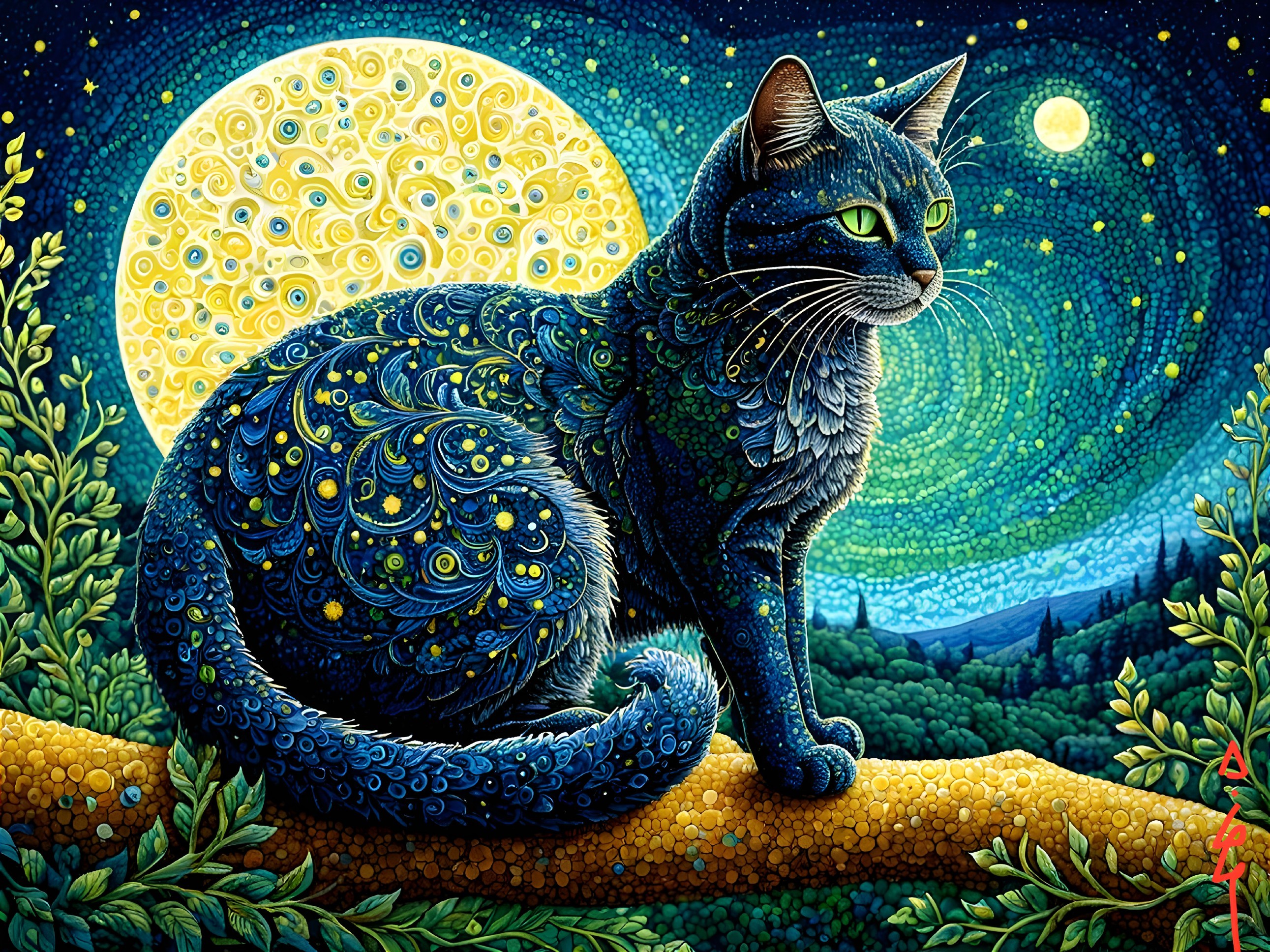 Artistic Cat on Branch Under Moonlit Sky