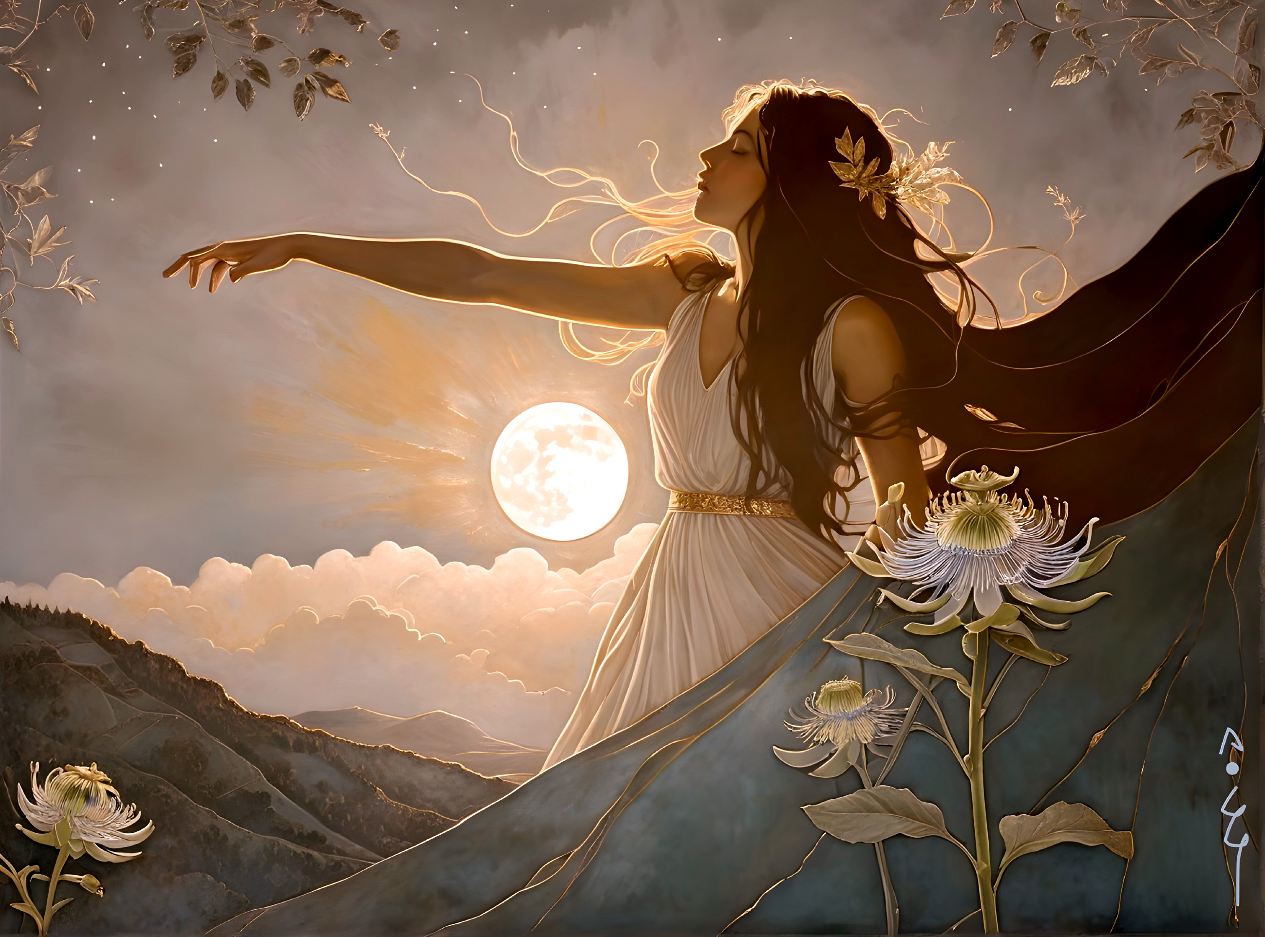 Serene Woman in White Dress Reaching for Full Moon
