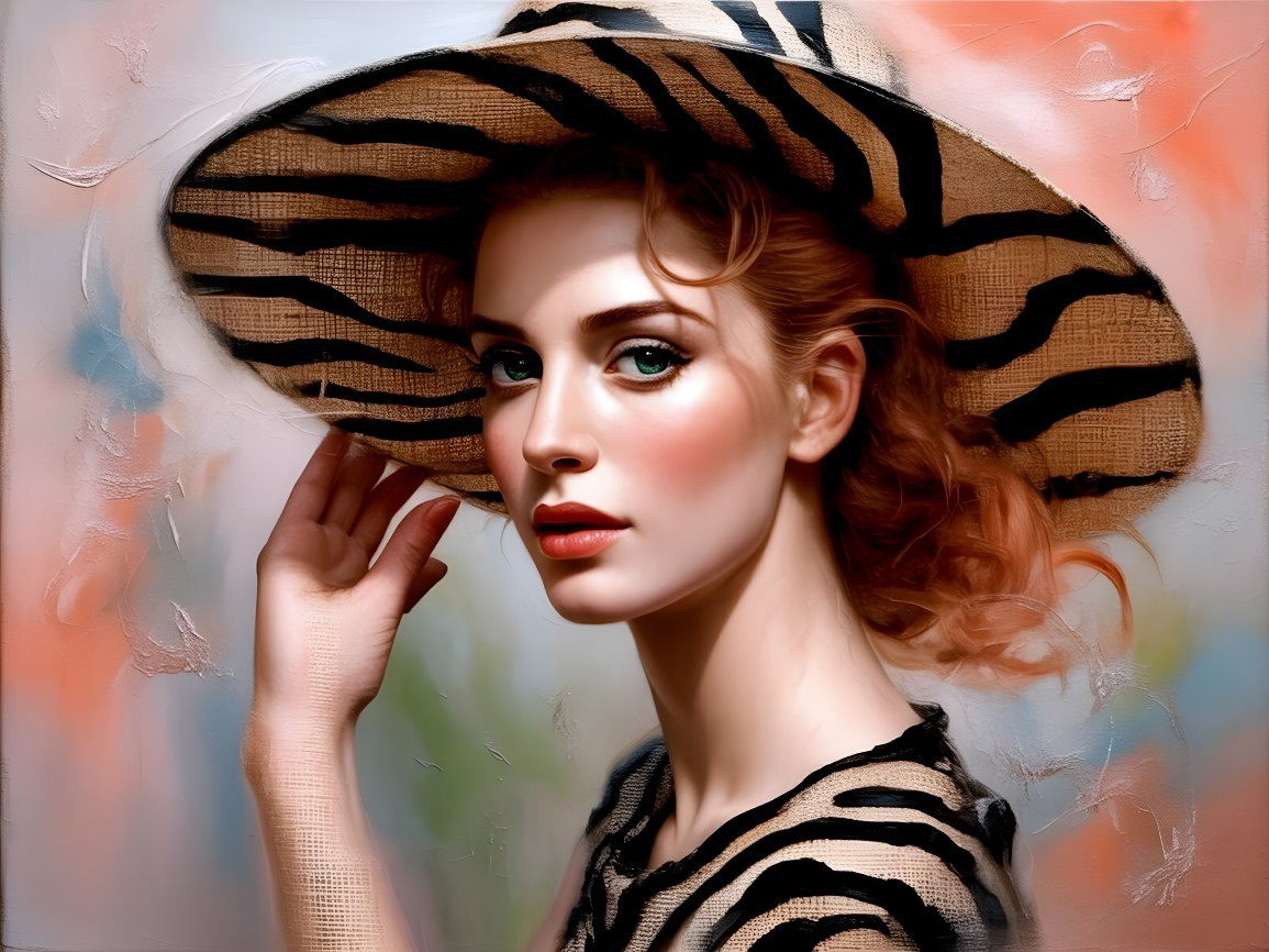 Portrait of a Young Woman in a Zebra Stripe Hat