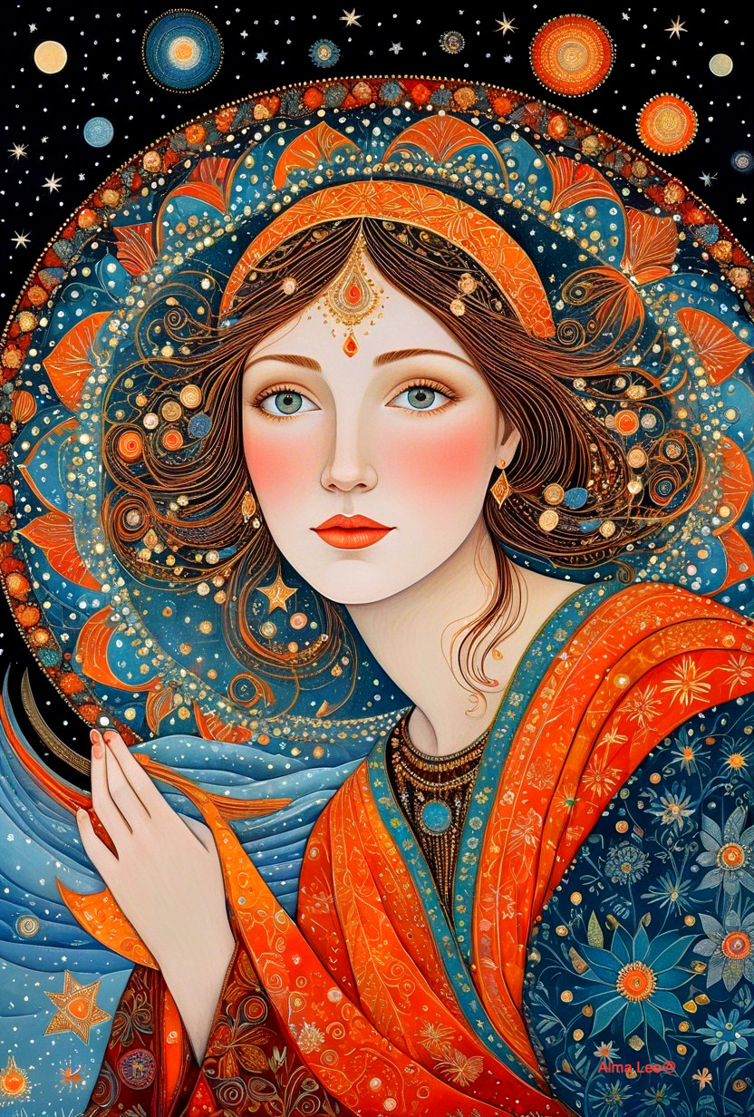 Serene Woman in Vibrant Outfit Amid Cosmic Elements