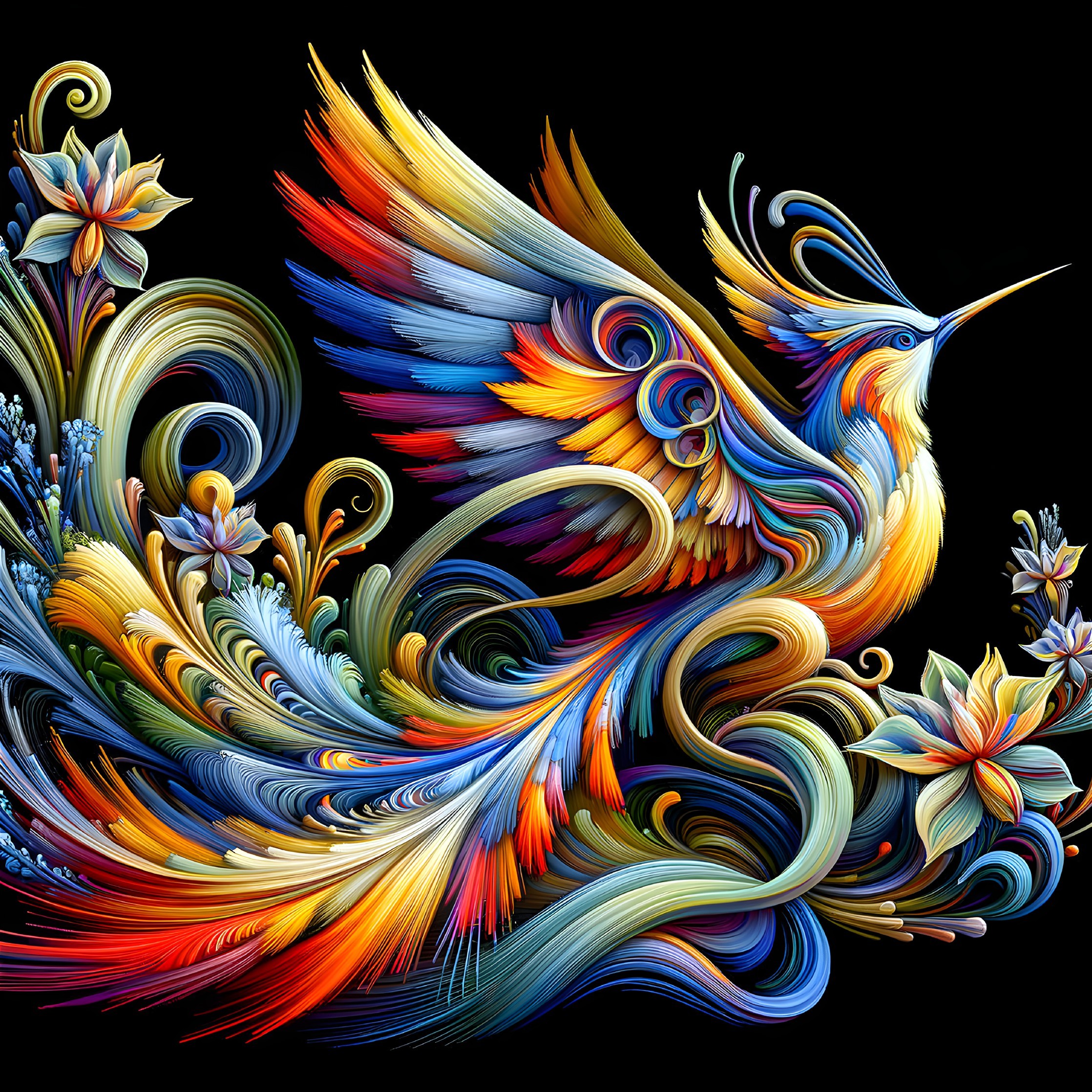 Vibrant Stylized Bird with Colorful Feathers and Flowers
