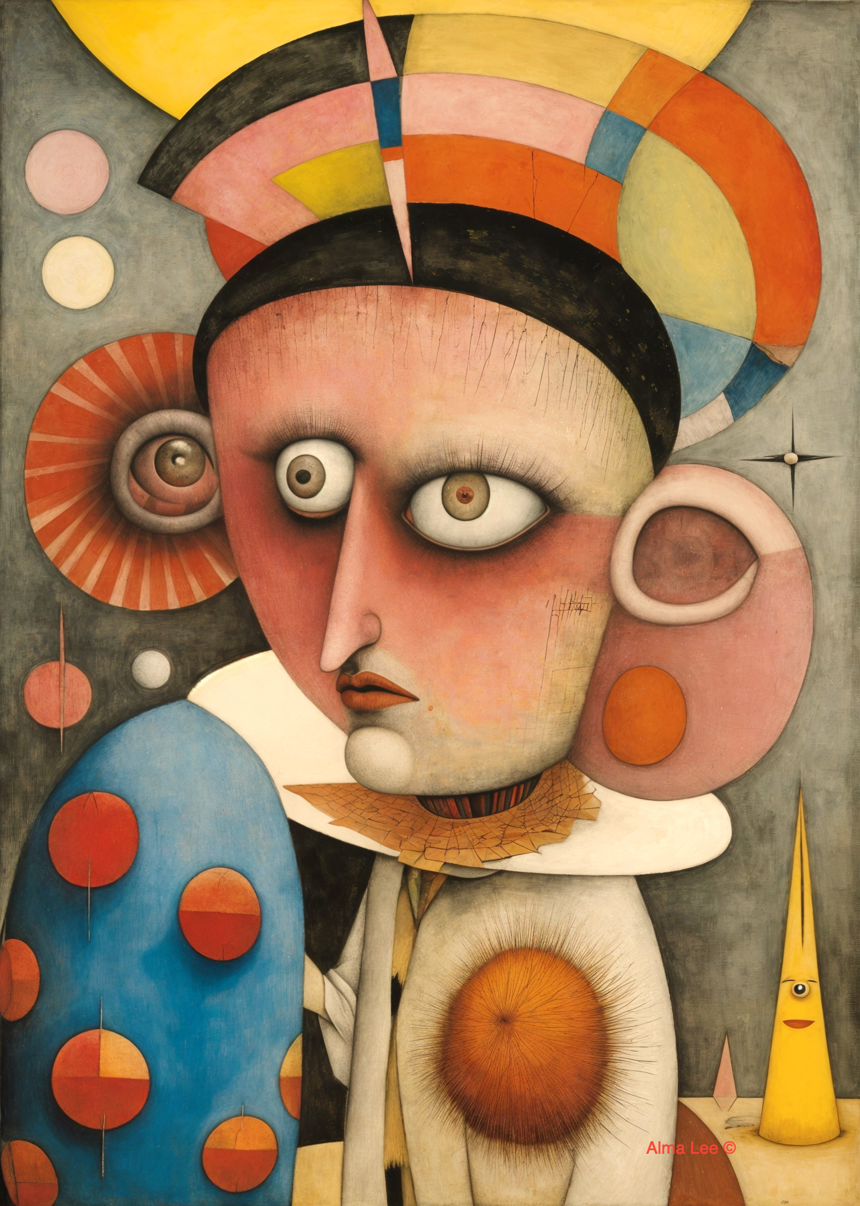 Stylized Figure with Exaggerated Features and Patterns