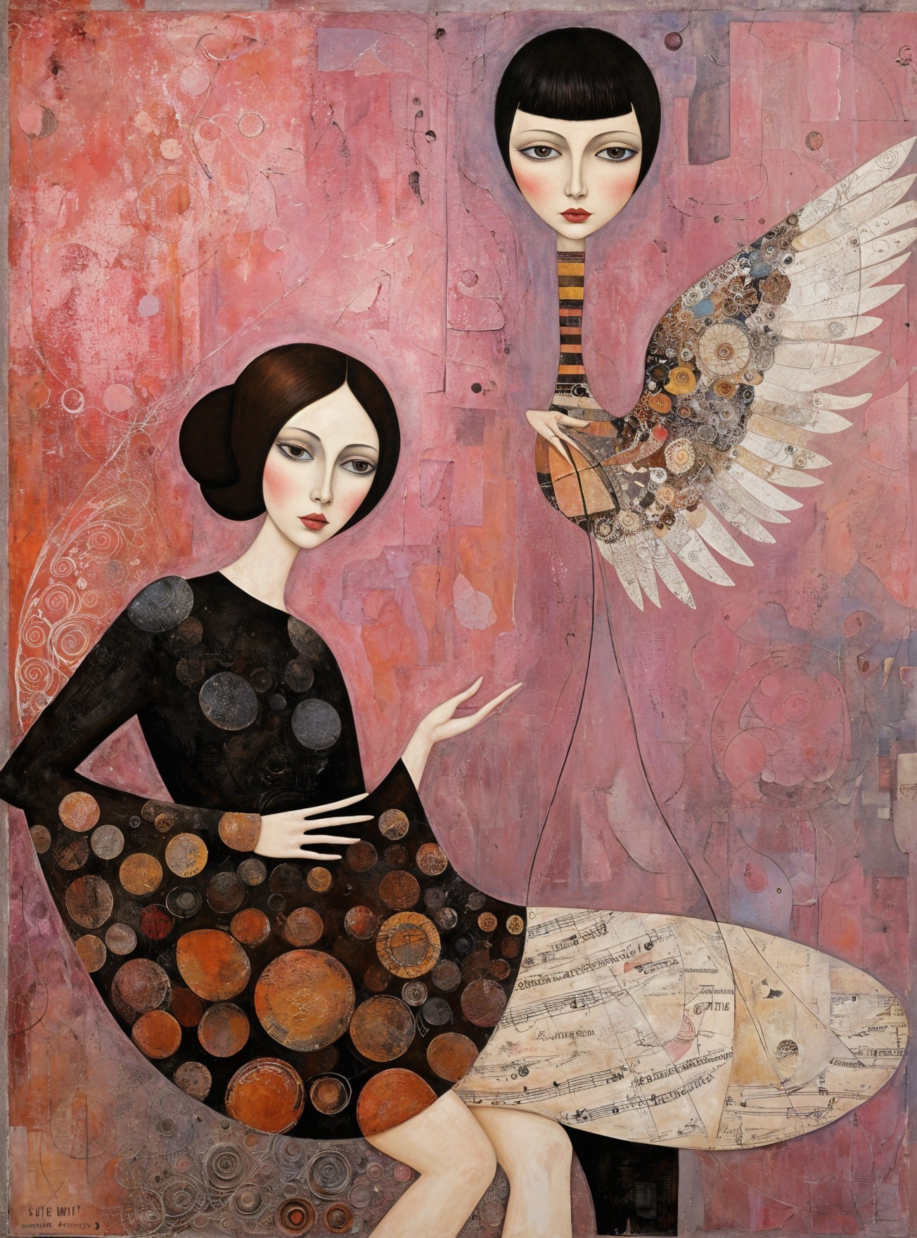 Two Figures in Surreal Artwork with Pink Backdrop