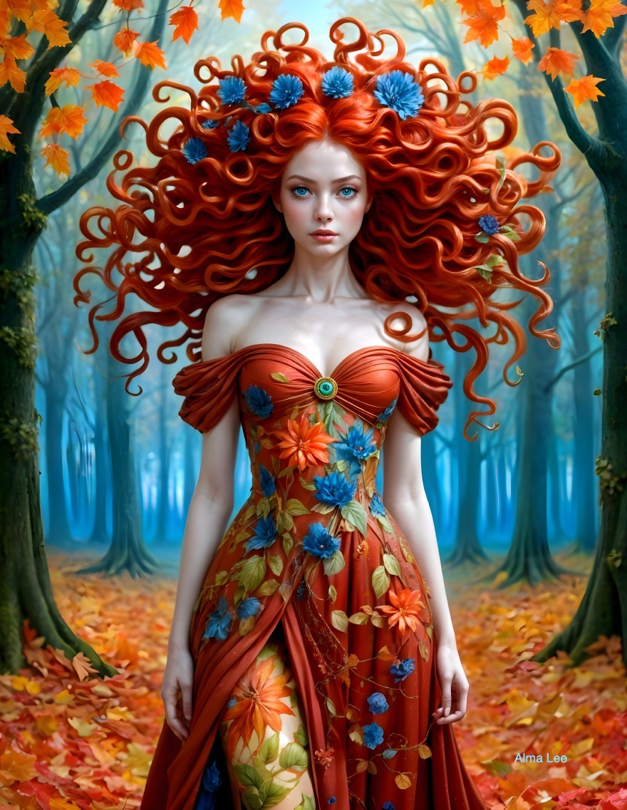 Vibrant Autumn Forest with Floral Dress and Red Hair