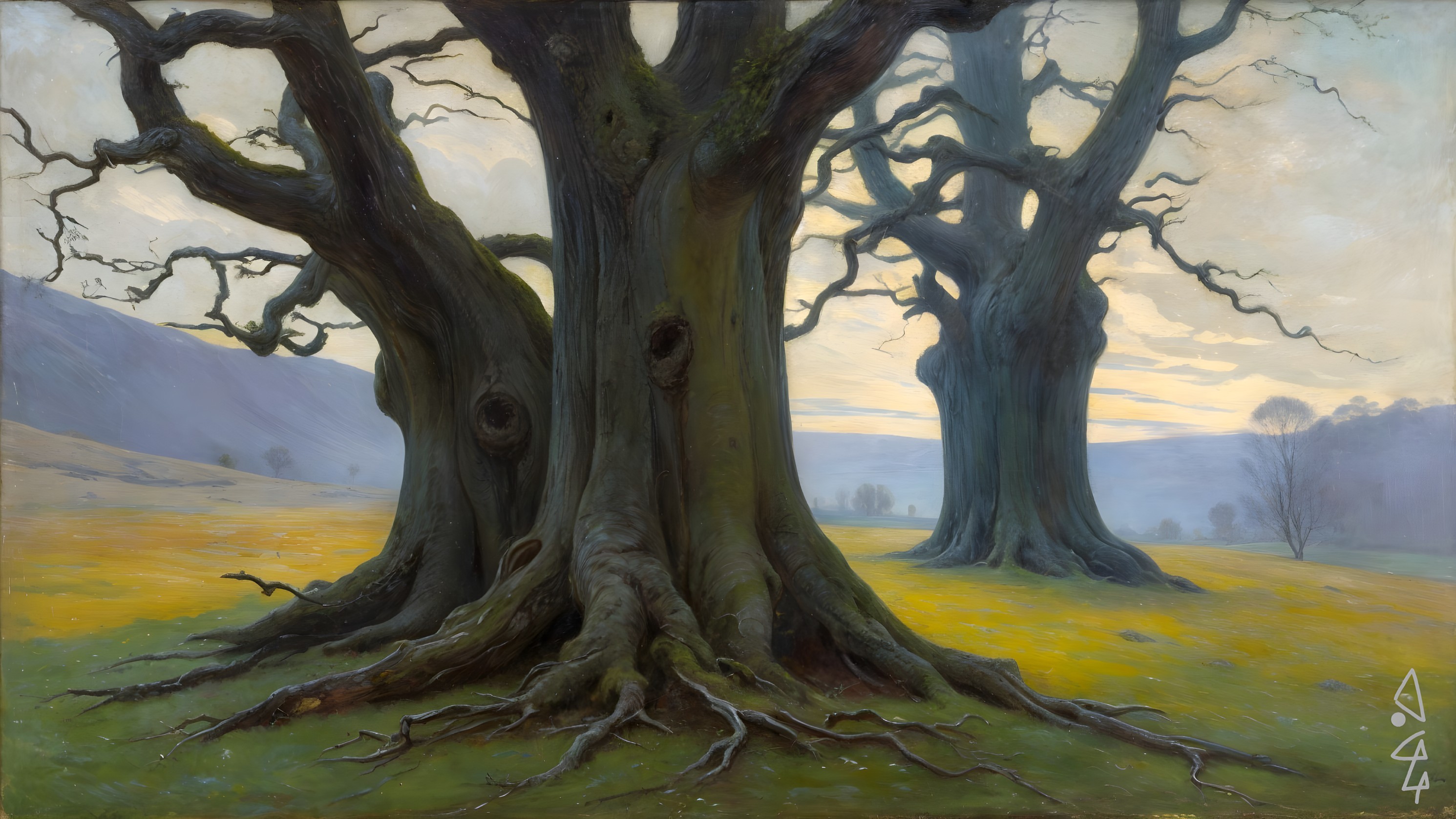 Serene landscape with gnarled trees at twilight