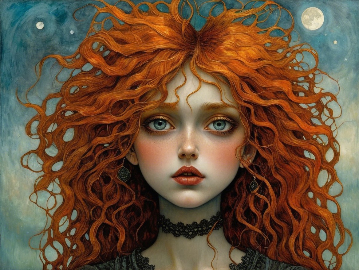 Portrait of a Young Woman with Red Hair and Twilight Sky