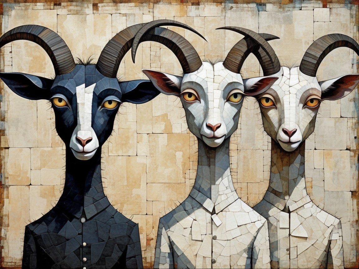 Cartoon Goats with Human Bodies in Front of Brick Wall